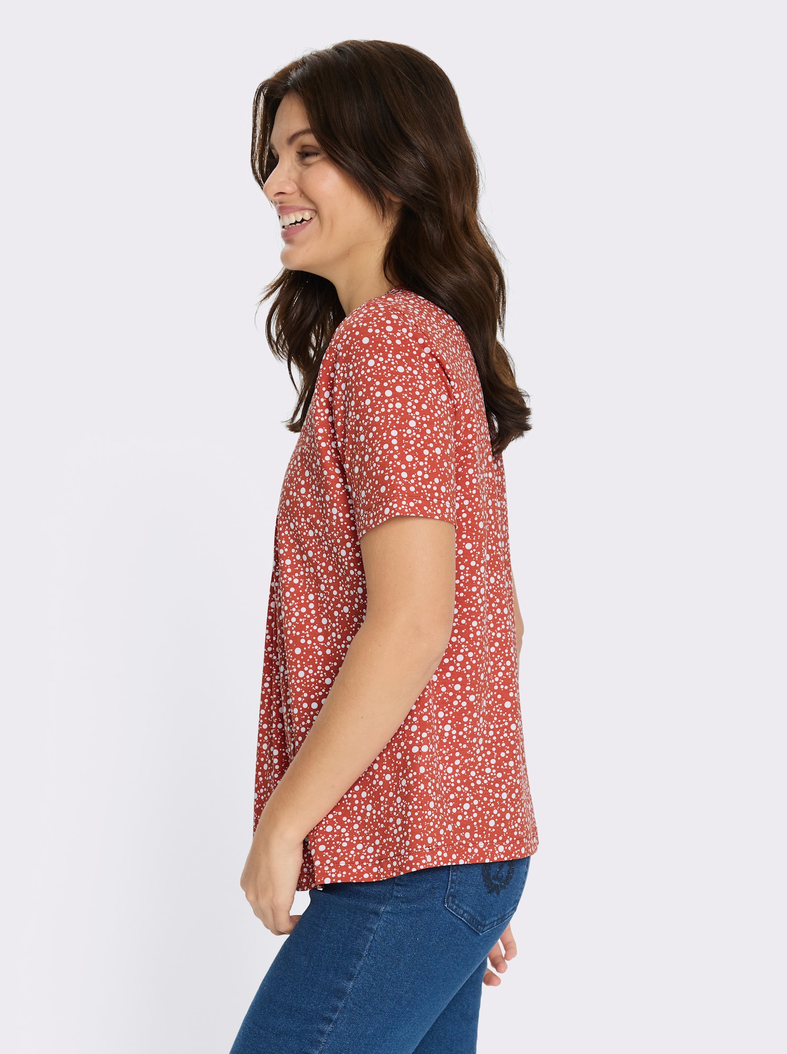 Kurzarmshirt im Punktedessin - rostrot-weiß-bedruckt