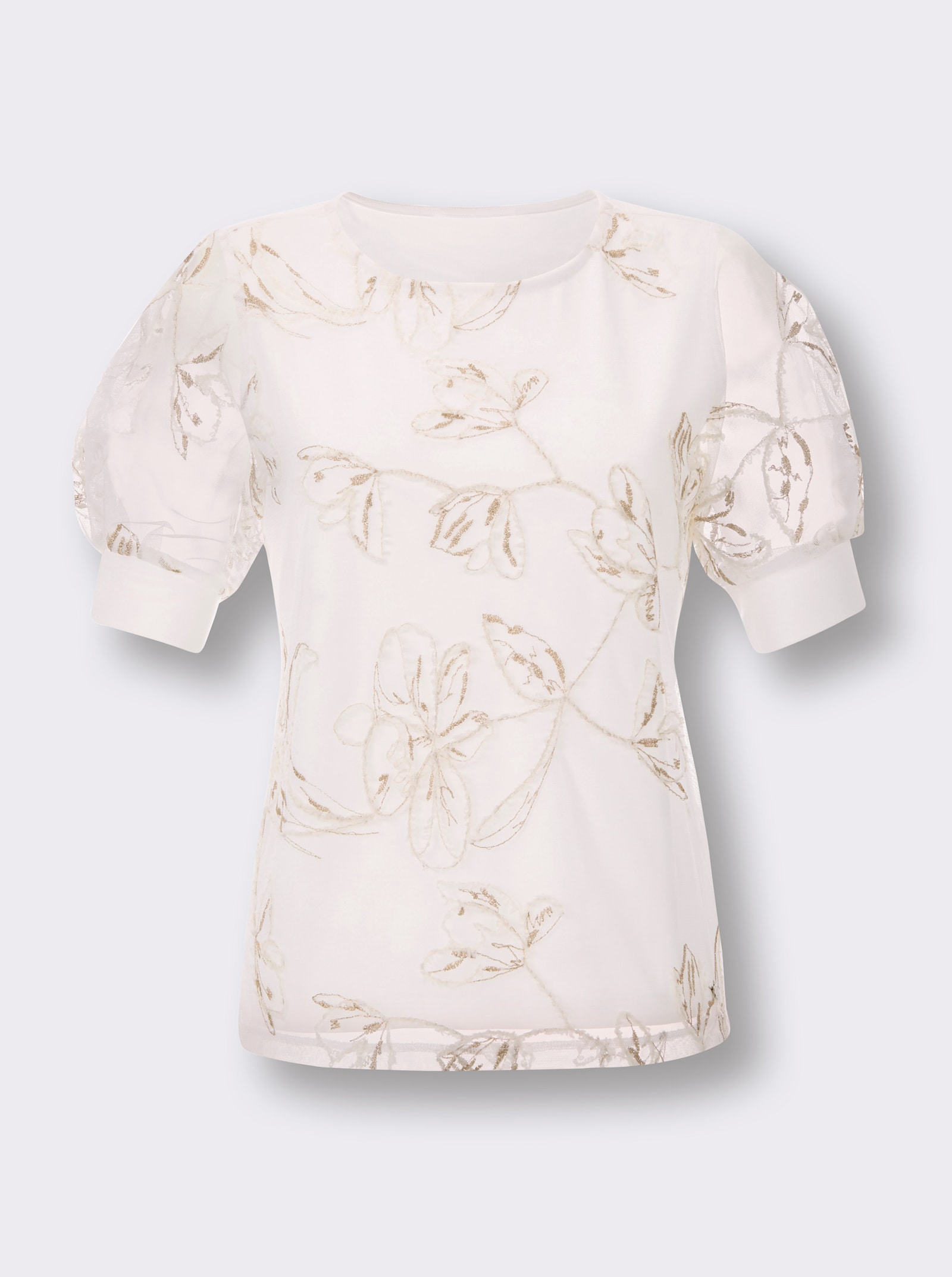 CREATION L PREMIUM Kurzarmshirt mit glitzernder Stickerei - ecru-gemustert