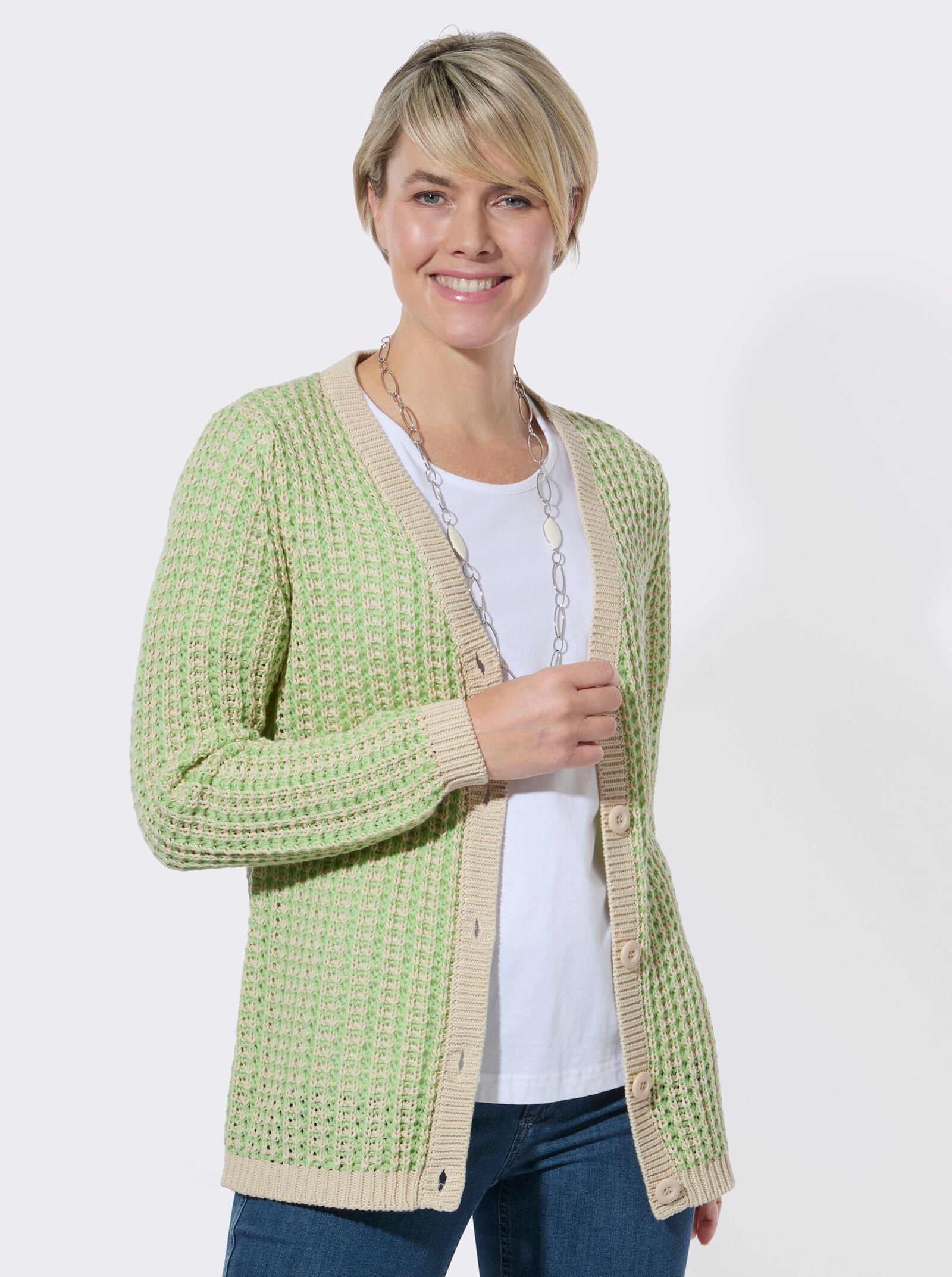 Strickjacke in zweifarbiger Melange-Optik - reseda-sand-gemustert