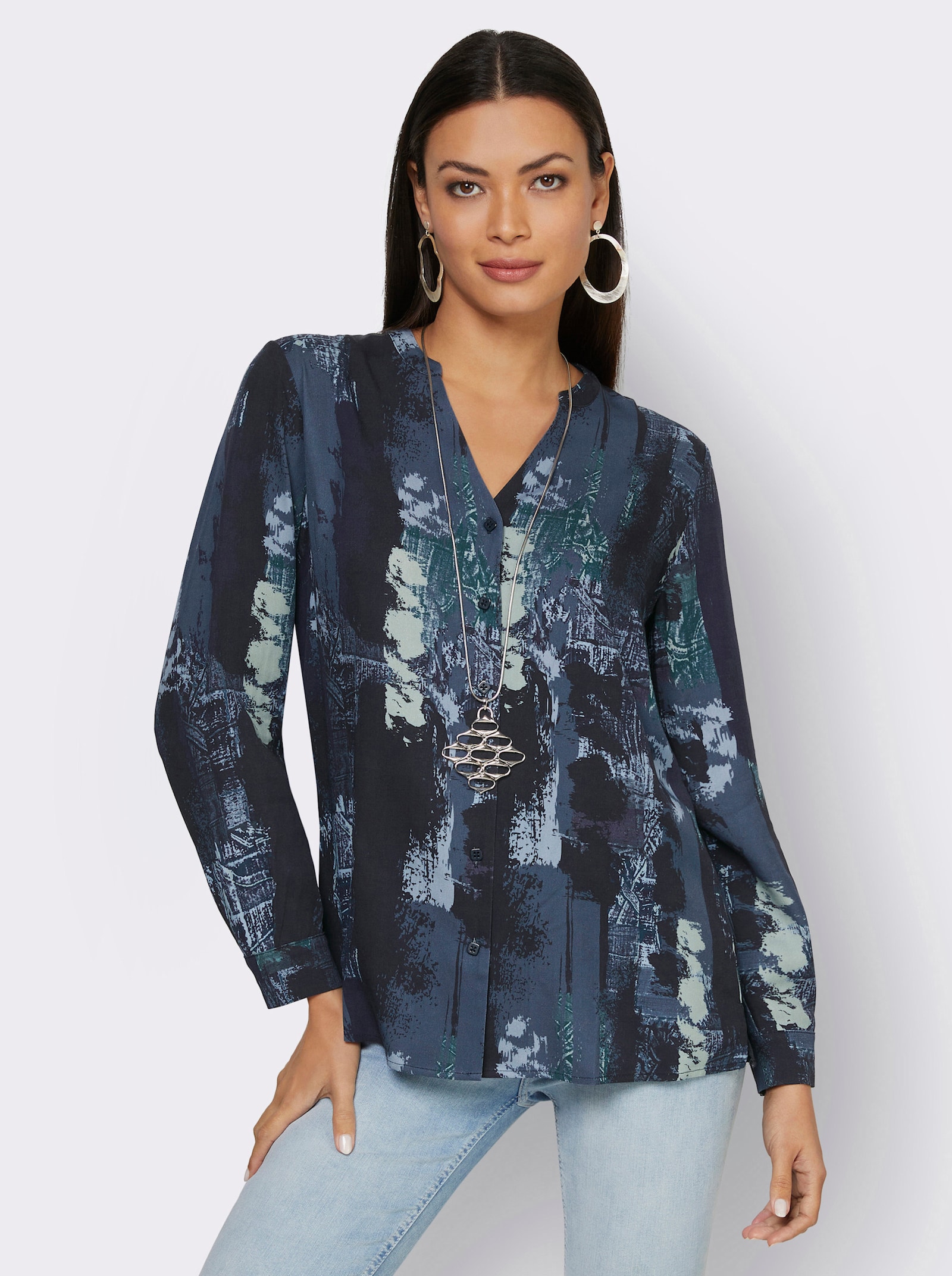 Langarmbluse aus reiner Viskose, bedruckt - ecru-dunkelblau-bedruckt