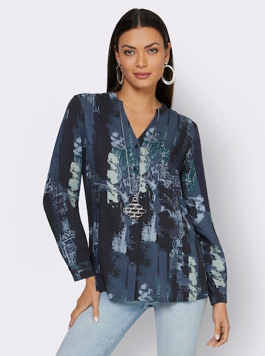 Langarmbluse aus reiner Viskose, bedruckt - ecru-dunkelblau-bedruckt