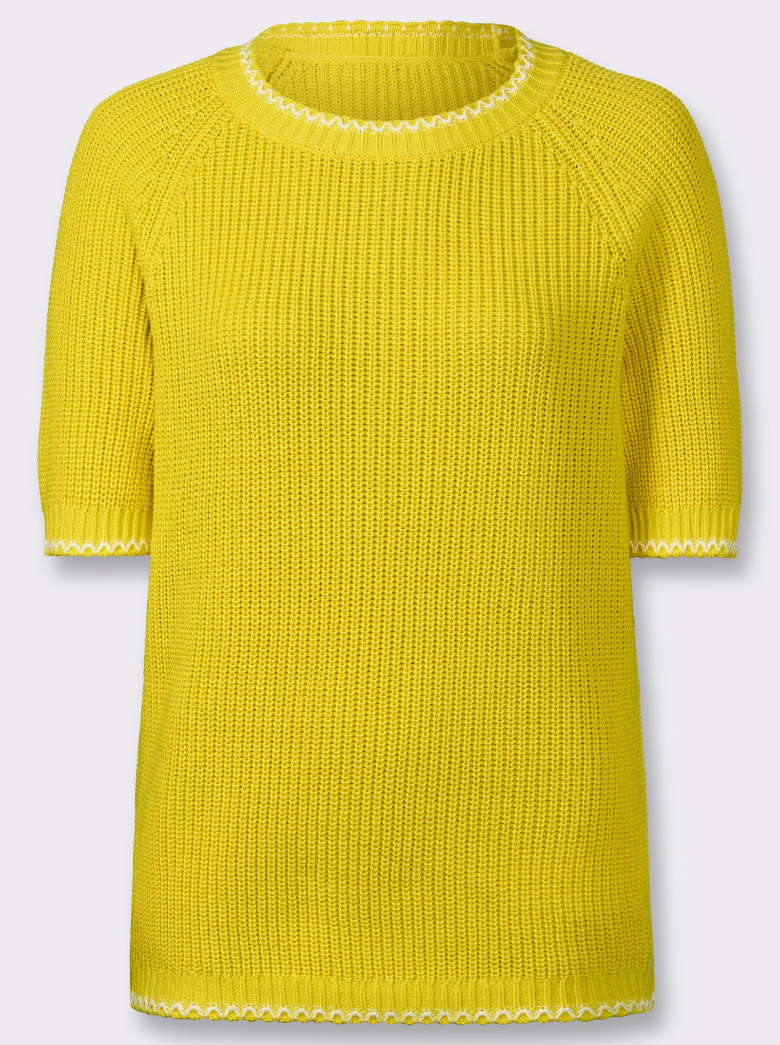 Kurzarmpullover mit Kontrast-Zierstichen - limone-ecru-gemustert