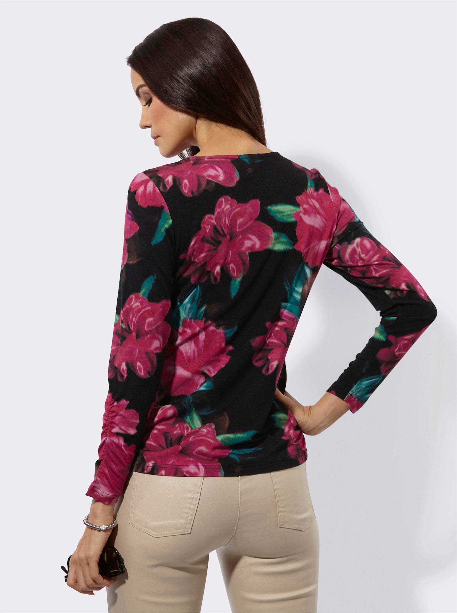 Rundhalsshirt mit modischen Raffungen - schwarz-malve-bedruckt