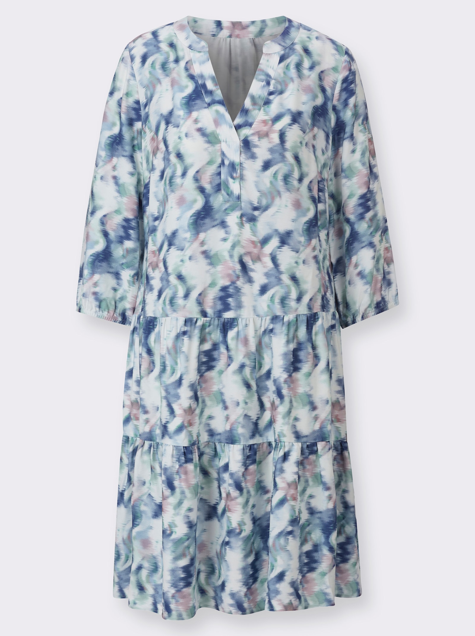 Druckkleid in Stufenform - ecru-jeansblau-bedruckt