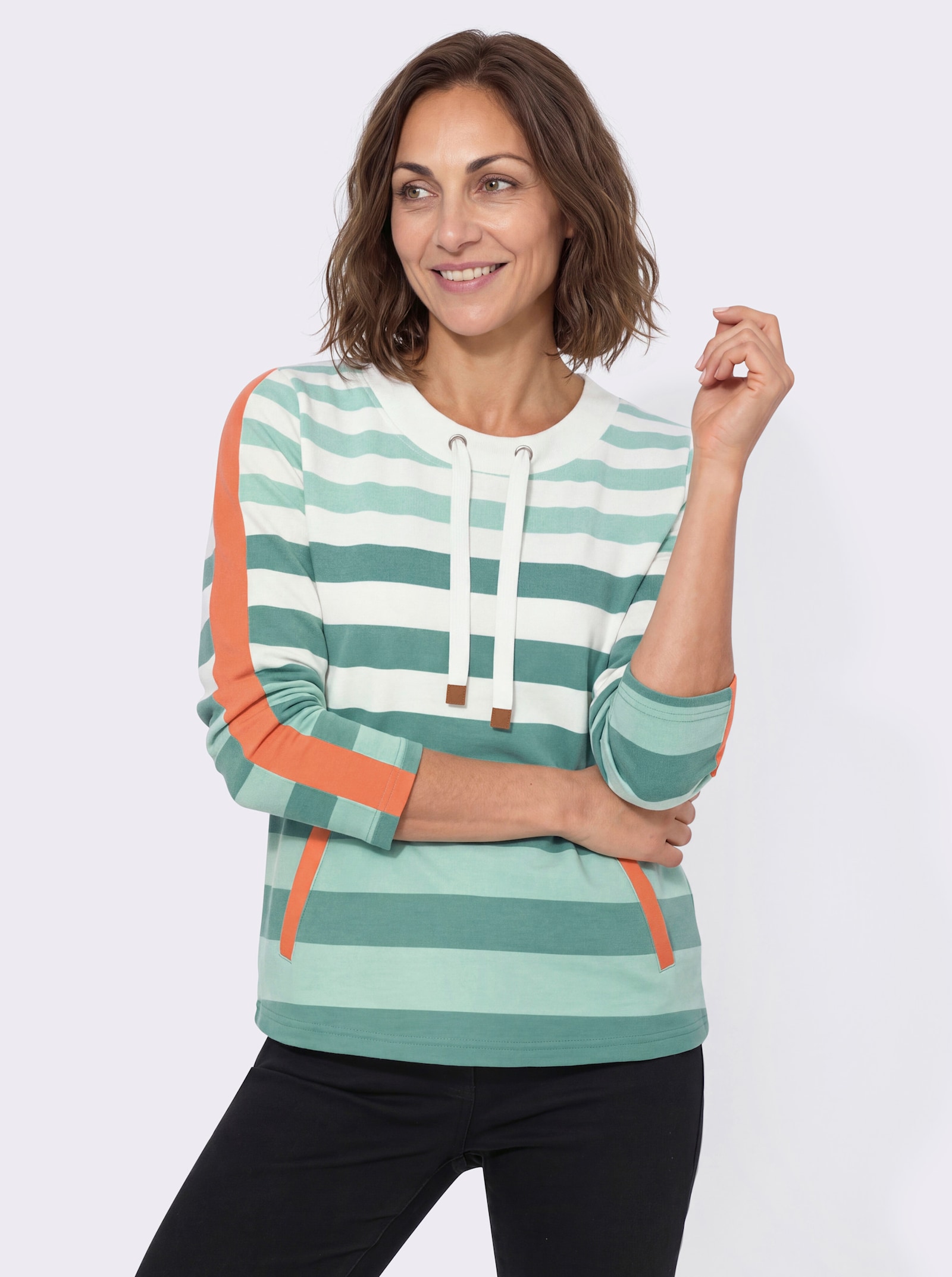 Sweatshirt mit Ringeln und Kontrast-Details - jade-ecru-geringelt