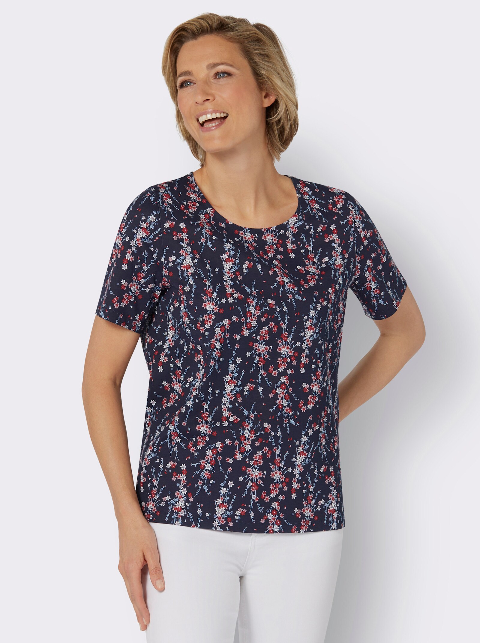 Tričko s krátkým rukávem a drobným květinovým vzorem - námořnická modrá-hortenziová-potisk