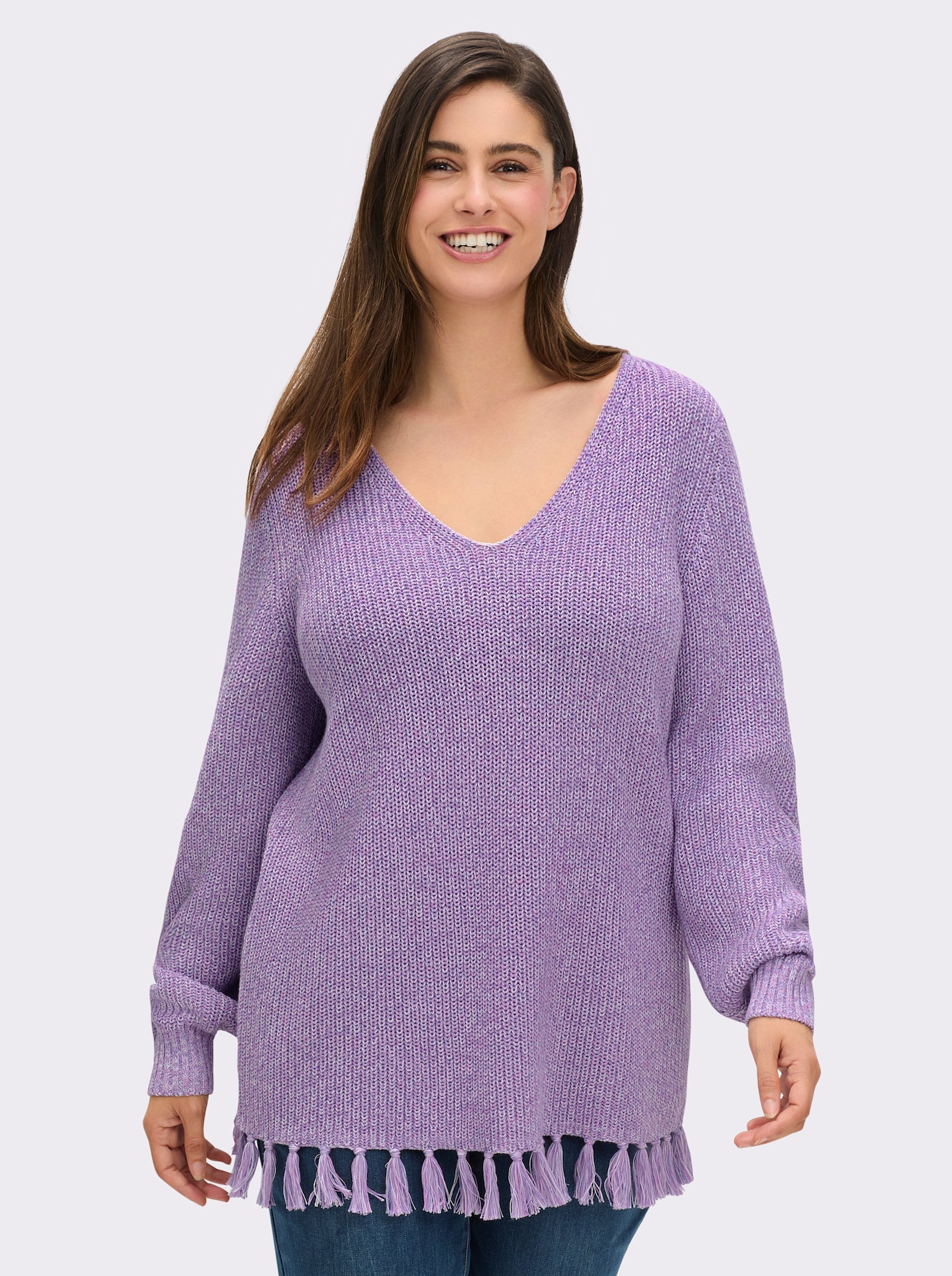 sheego V-Ausschnitt-Pullover mit Fransensaum - lavendel-meliert