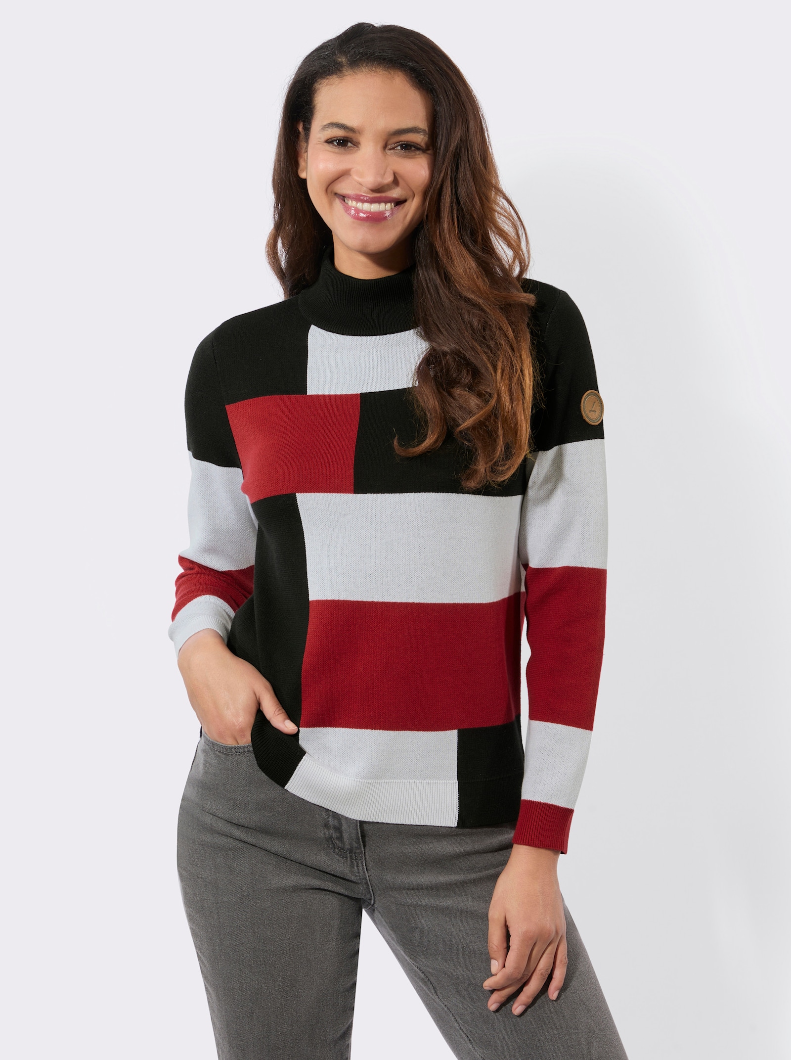 Langarm-Pullover mit Stehkragen - rot-schwarz-gemustert