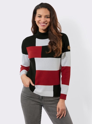 Langarm-Pullover mit Stehkragen - rot-schwarz-gemustert