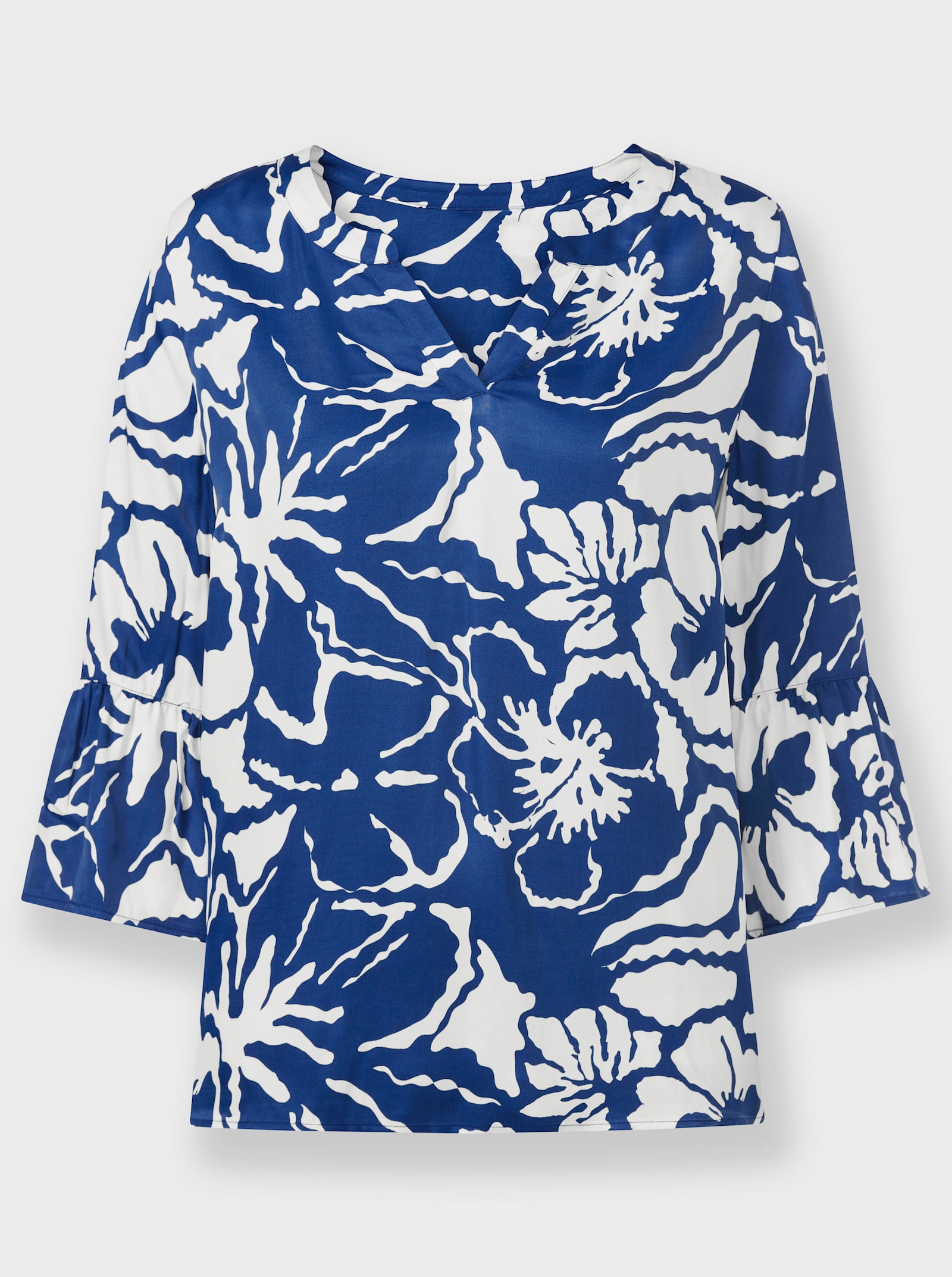 heine Druckbluse mit Trompeten-Ärmeln - royalblau-ecru-bedruckt