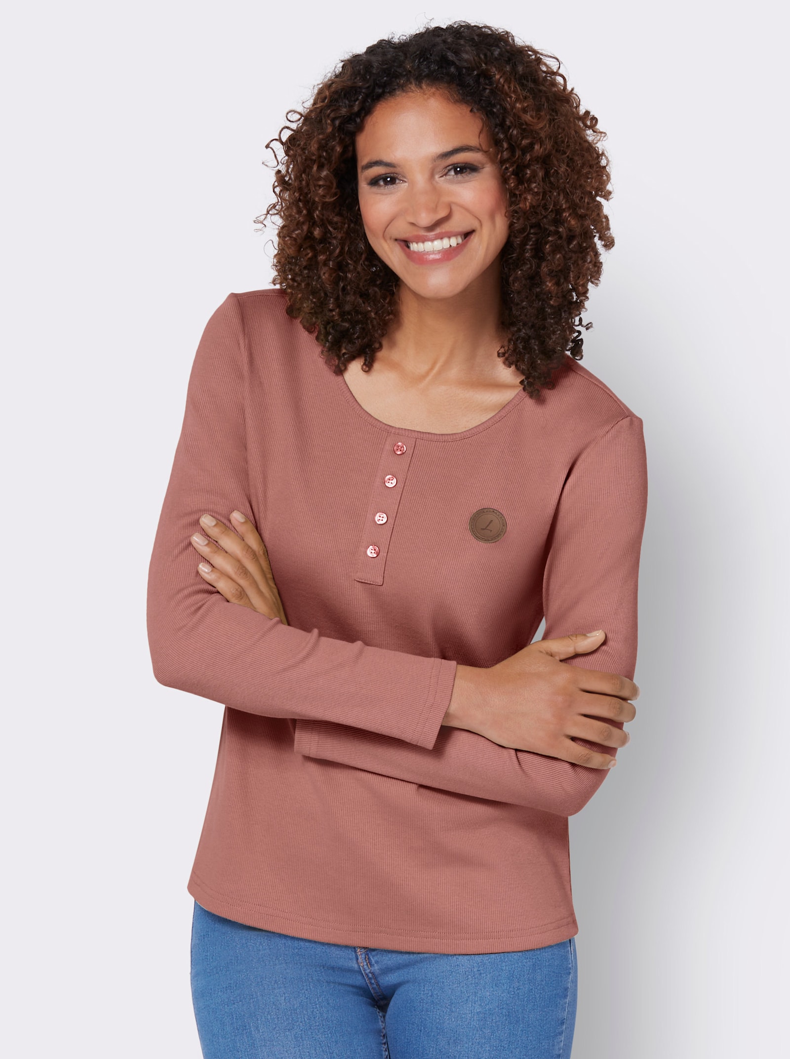 Langarmshirt mit Zierknopfleiste - rosenholz