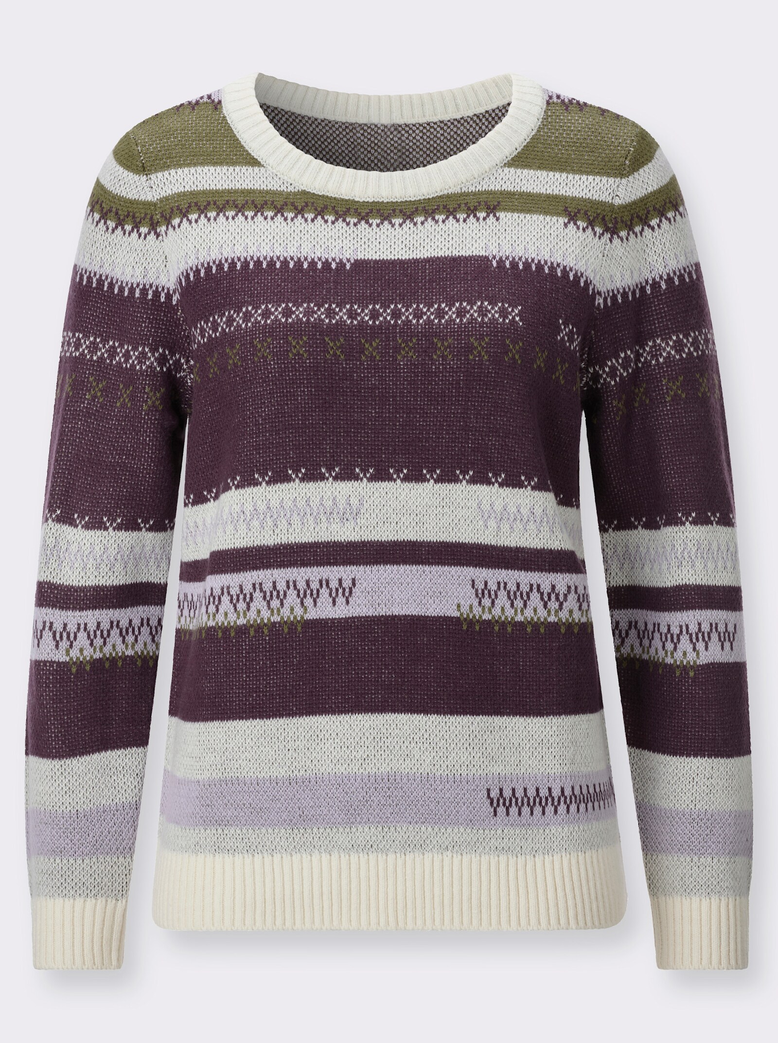 Jacquard-Pullover mit Strickmuster - aubergine-oliv-gemustert