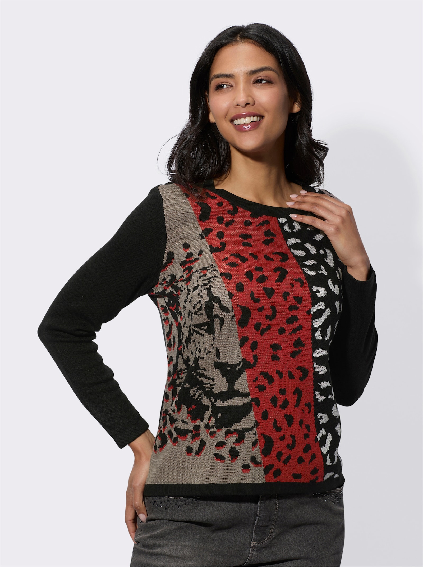 Pullover van jacquard met dierenprint voor - taupe/zwart gedessineerd
