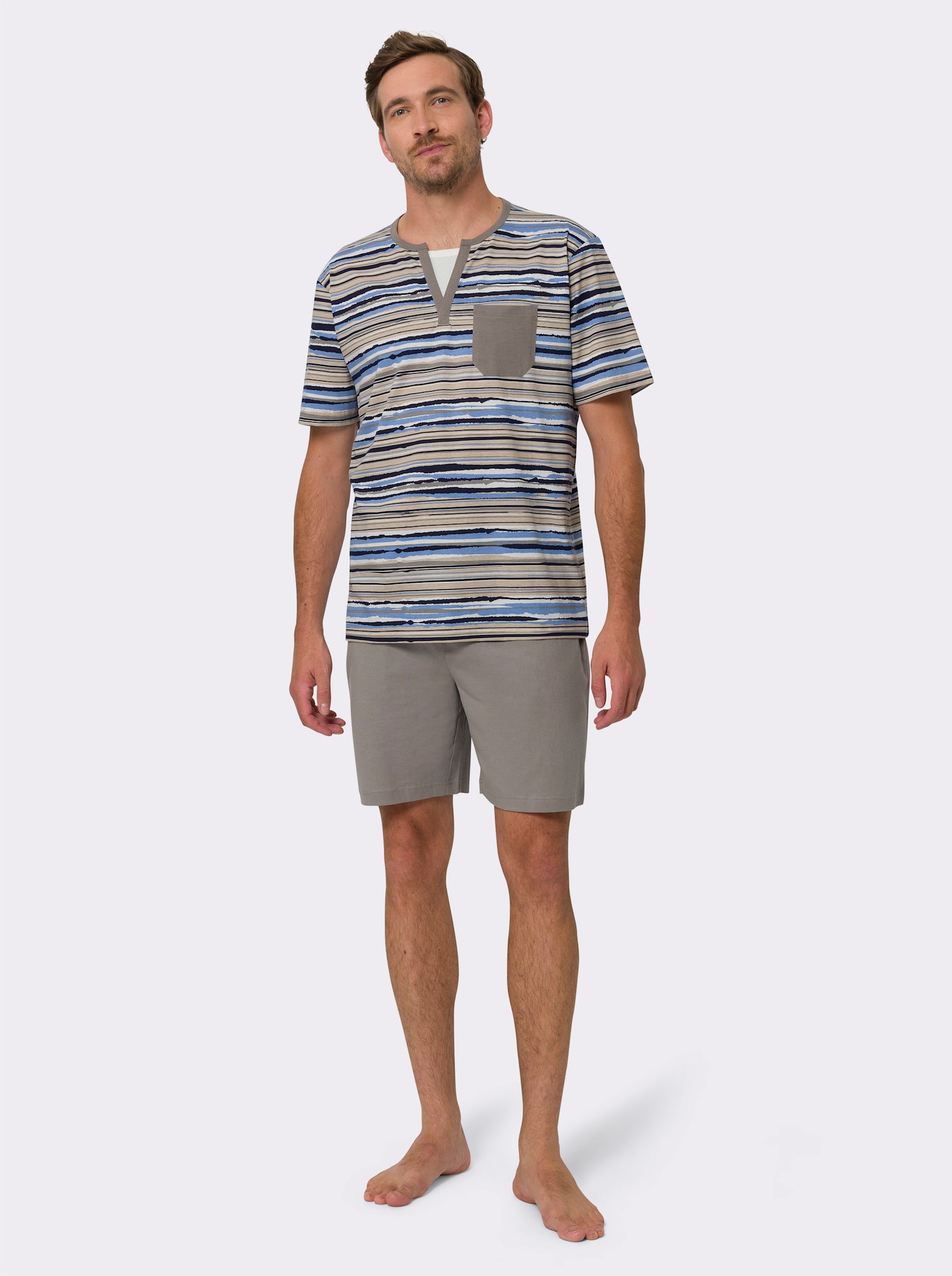 Shortama met inzet bij de hals - hemelsblauw-beige-bedrukt