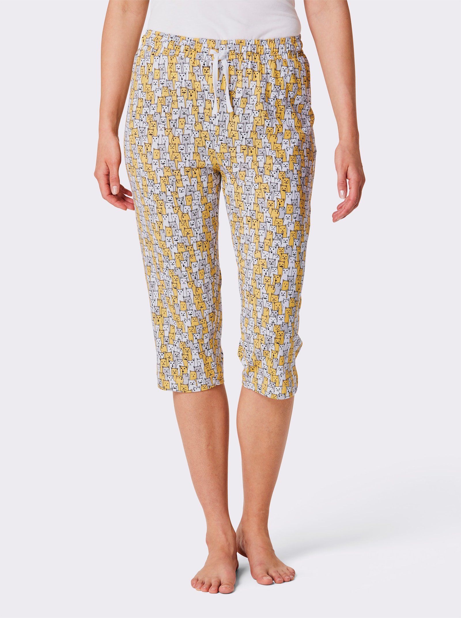 wäschepur Capribroek met kattendessin - wit/geel bedrukt