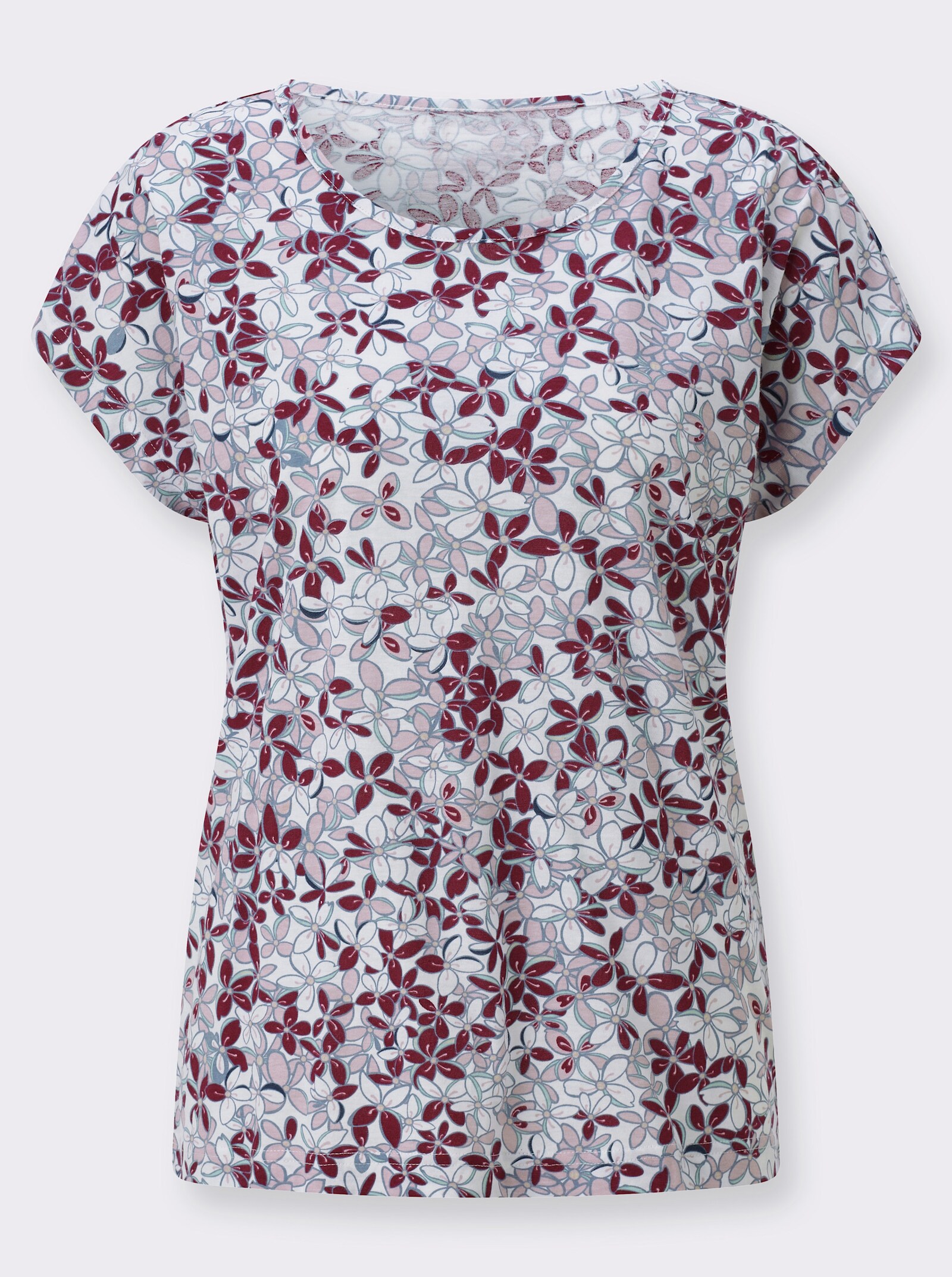Rundhalsshirt mit überschnittenen Schultern - rosé-taubenblau-bedruckt
