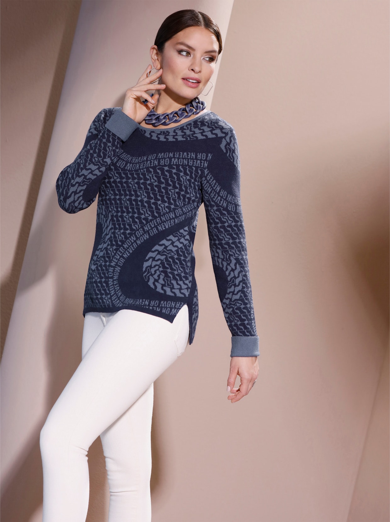 Jacquard-Pullover - marine-rauchblau-gemustert