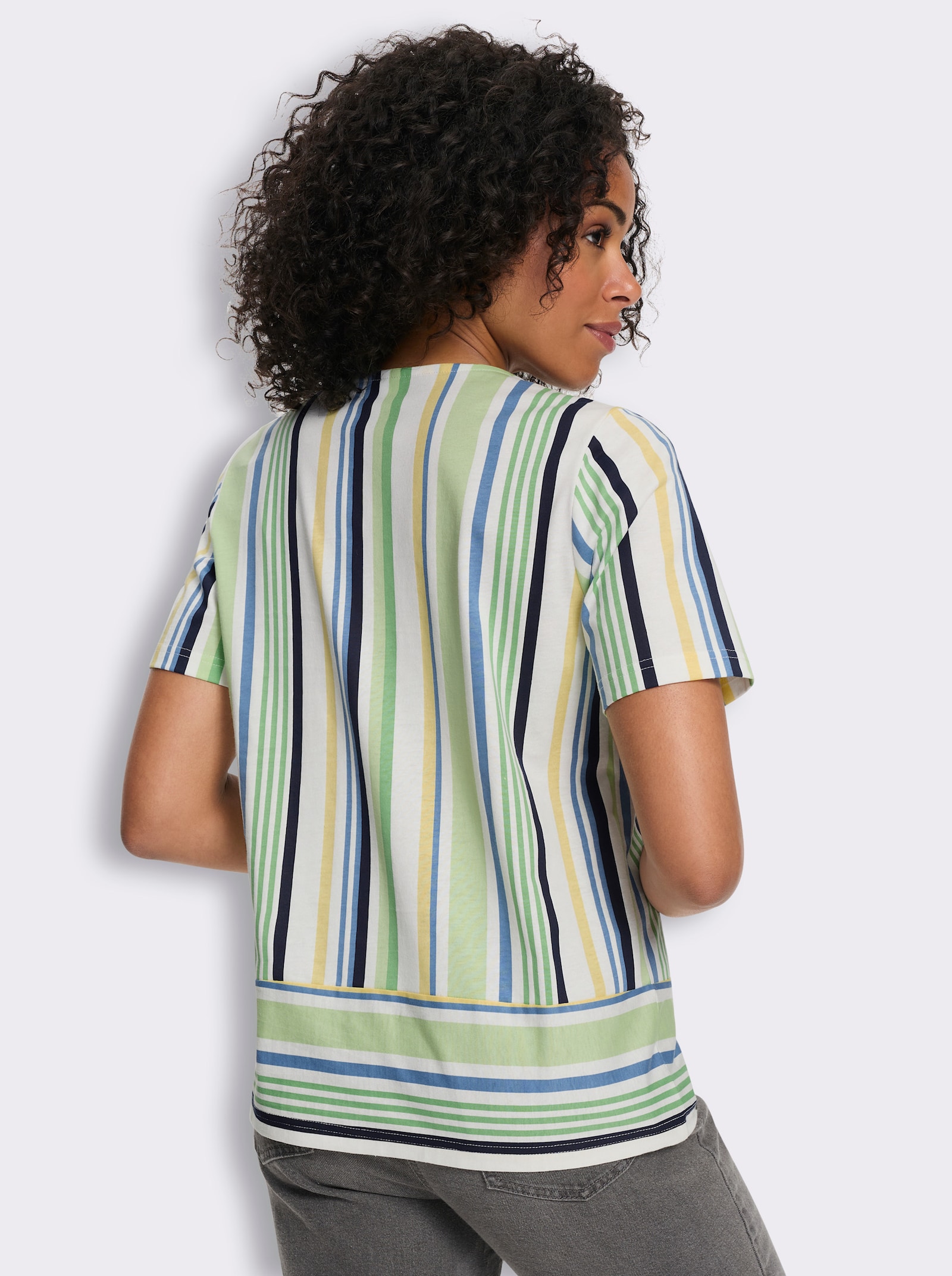 Shirt met korte mouwen en verticale strepen, katoen - appelgroen/marine bedrukt