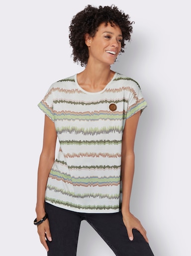 Print-Shirt mit Ziernähten, geringelt - ecru-khaki-bedruckt