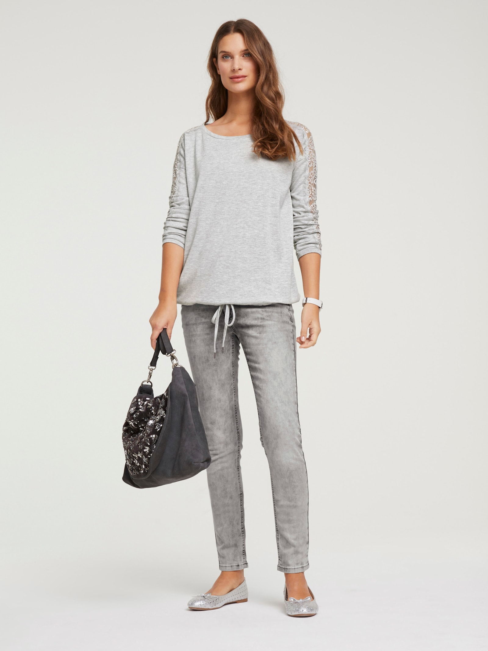 heine Spitzenshirt mit Langarm - grau-melange