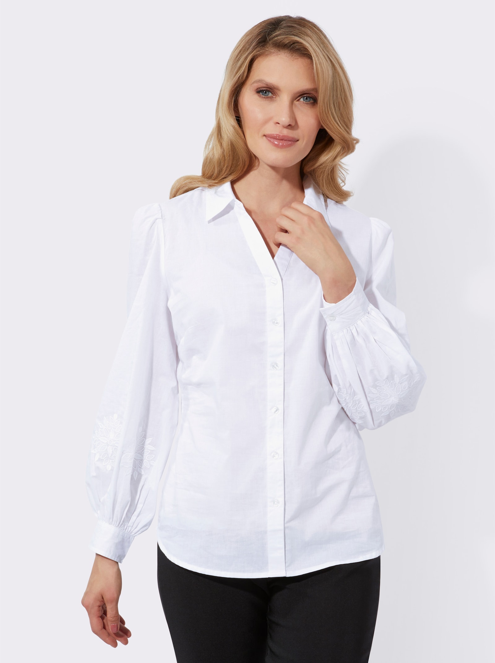 Blouse met lange geborduurde ballonmouwen - ecru