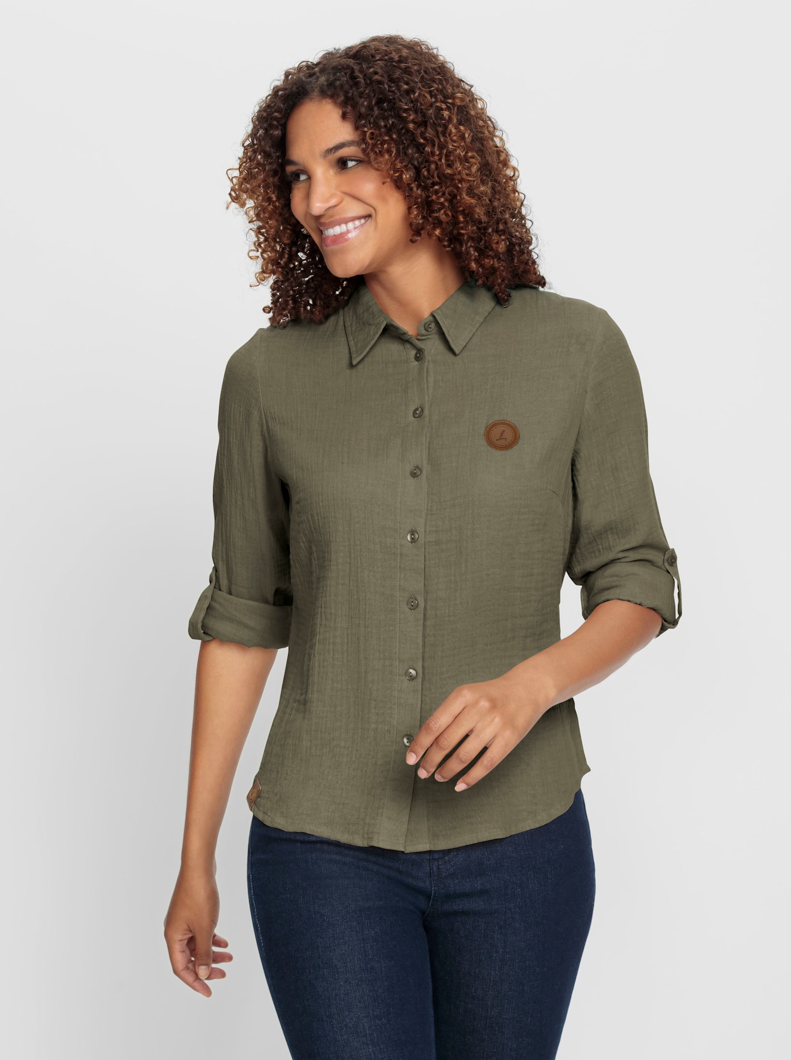 Baumwollbluse mit krempelbaren Ärmeln - khaki