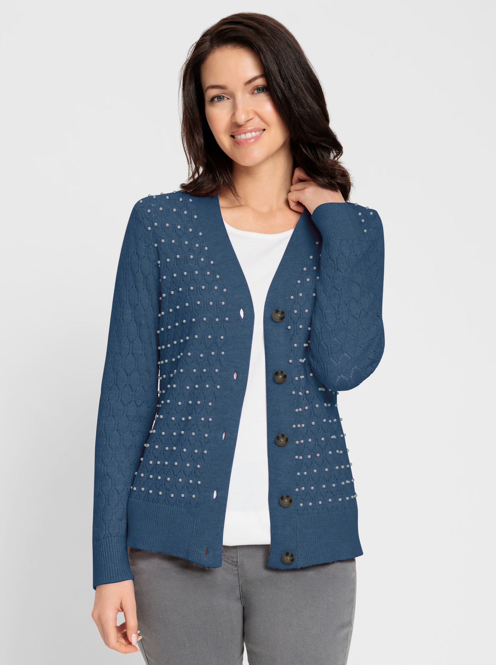 Ajourstrickjacke mit Zierperlen - rauchblau-meliert