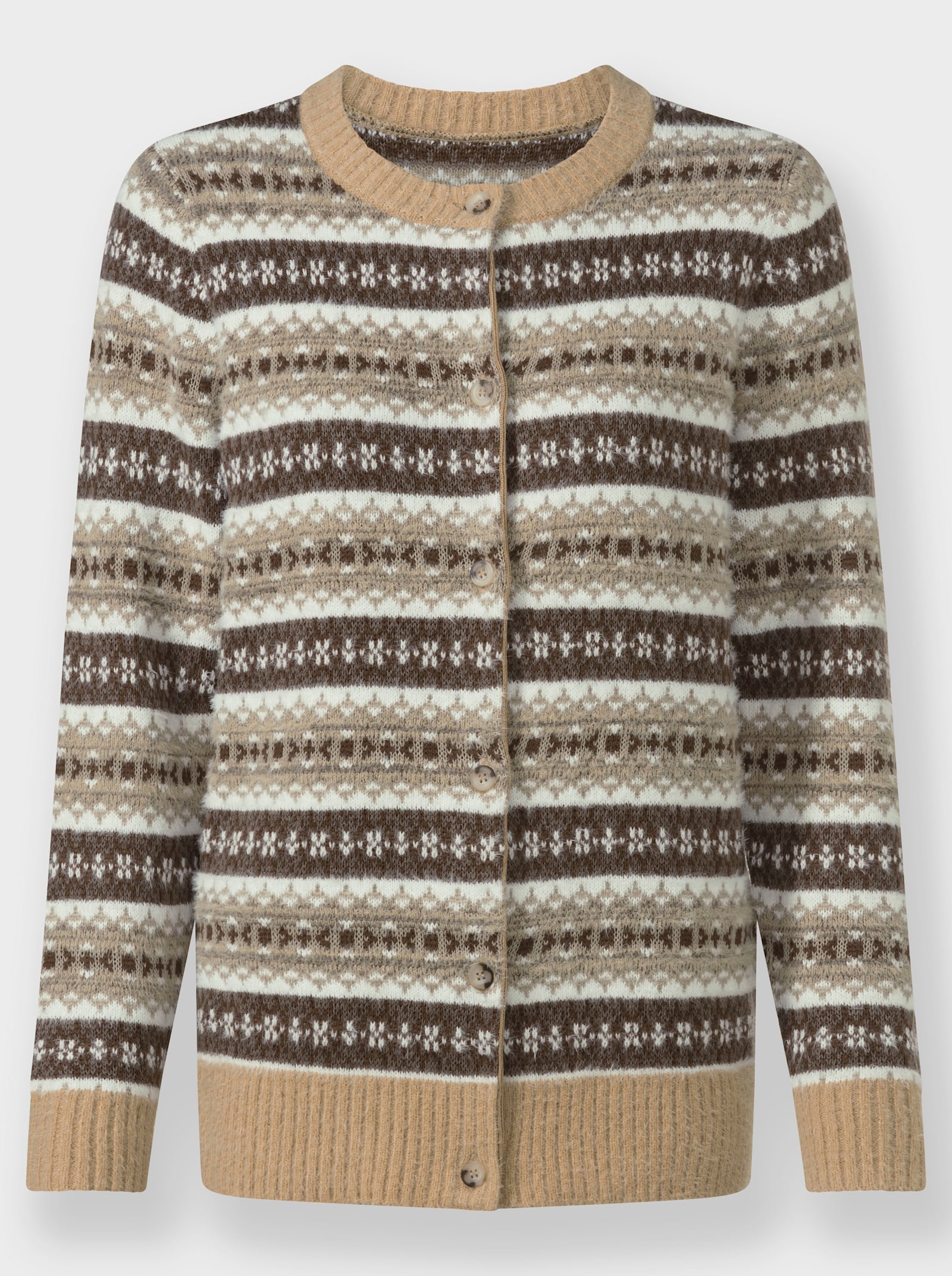 Jacquardstrickjacke mit Merino-Wolle - camel-sesam-gemustert