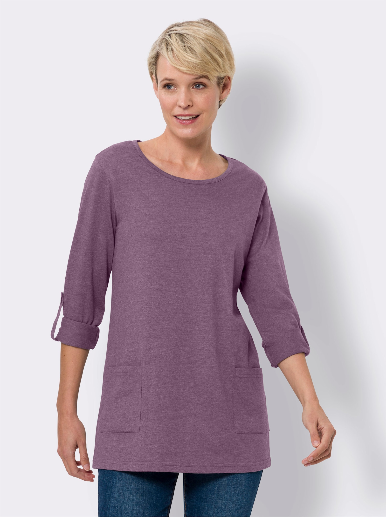 Lång topp med uppvikbara ärmar - violett, melerad