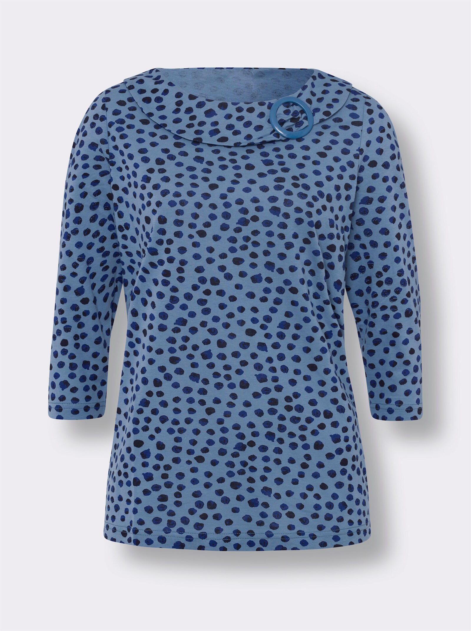 3/4-Arm-Shirt mit Zierspange am Ausschnitt - mittelblau-marine-bedruckt