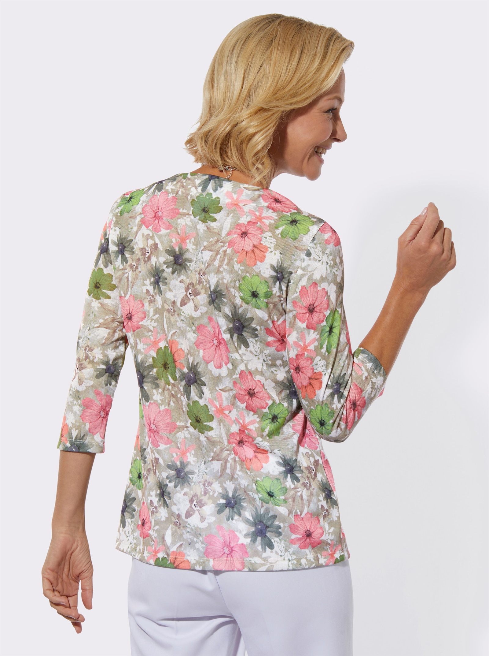 Rundhalsshirt mit 3/4-Ärmeln - schlamm-hortensie-bedruckt