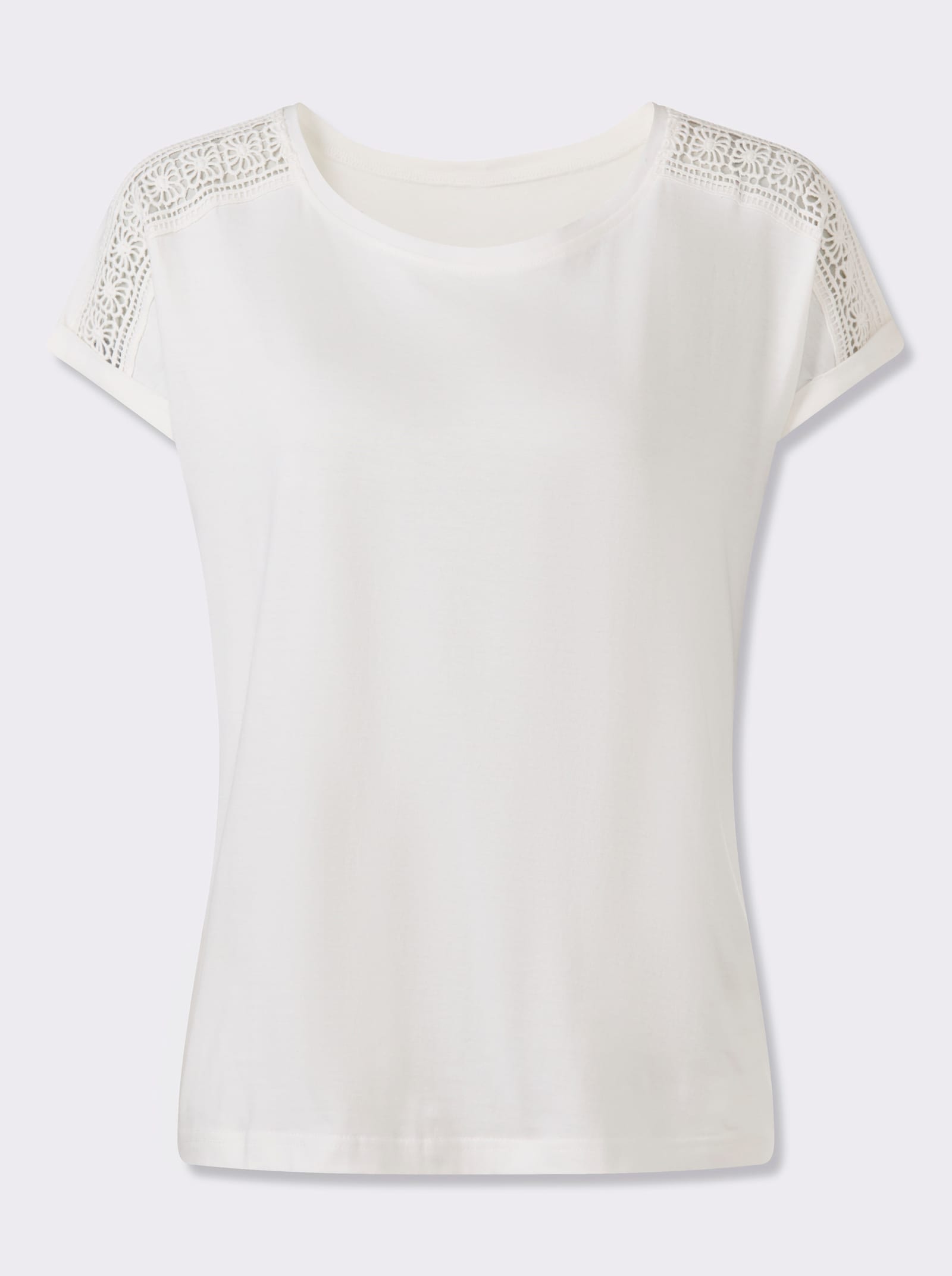 Rundhalsshirt mit Spitze an der Schulter - ecru