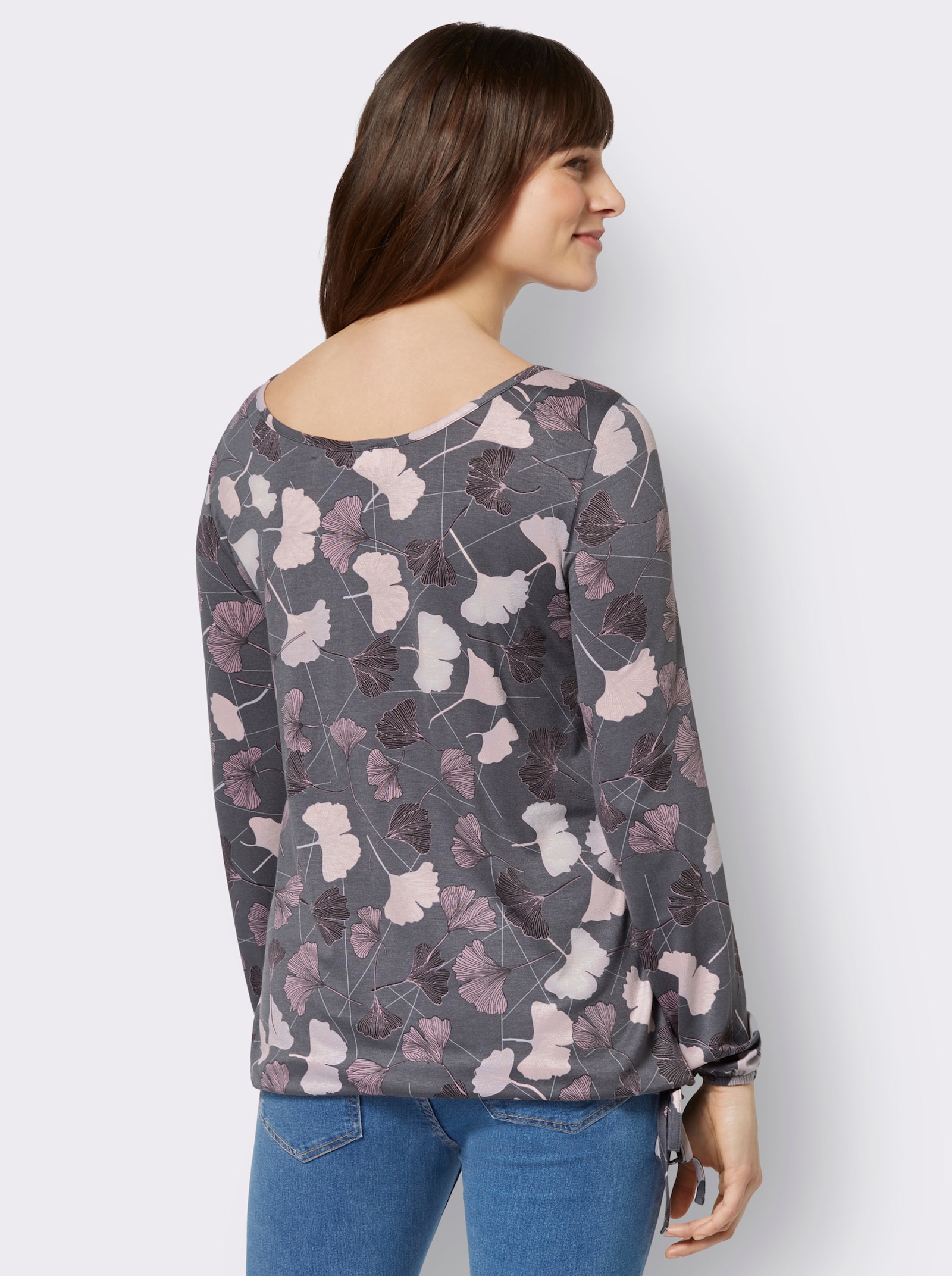 Rundhalsshirt mit Gingko-Blättern - hellgrau-mauve-bedruckt
