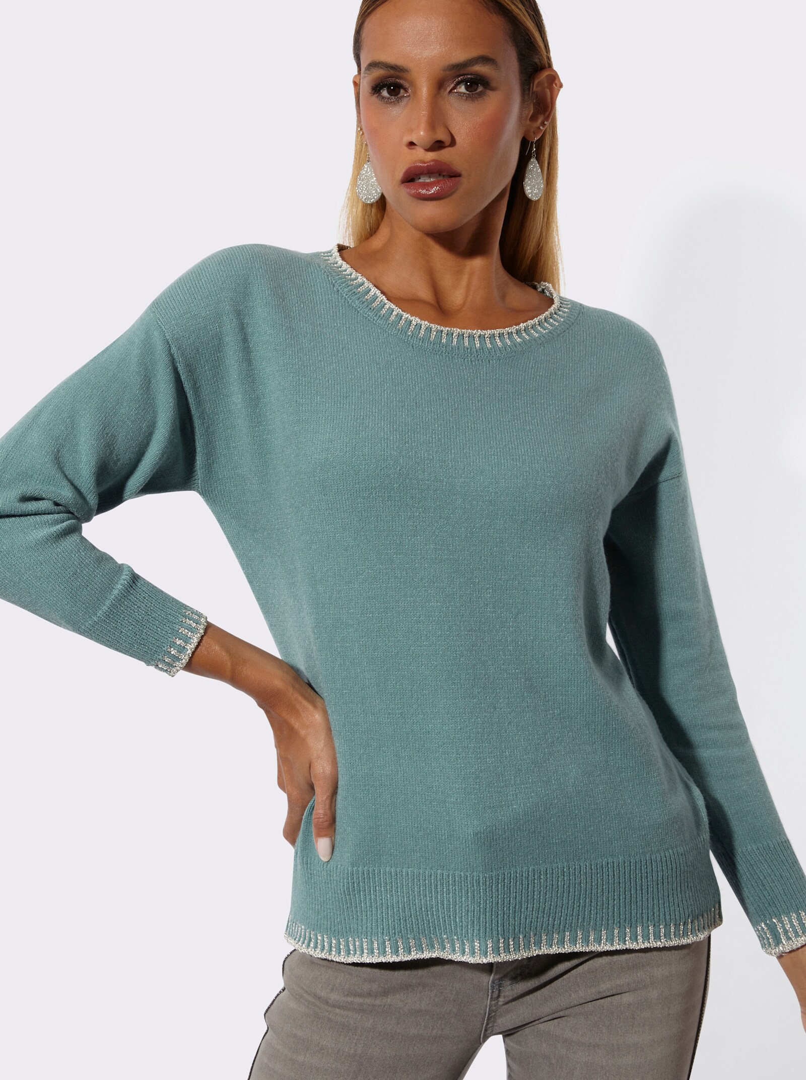 Langarm-Pullover mit Glanzgarn - jade