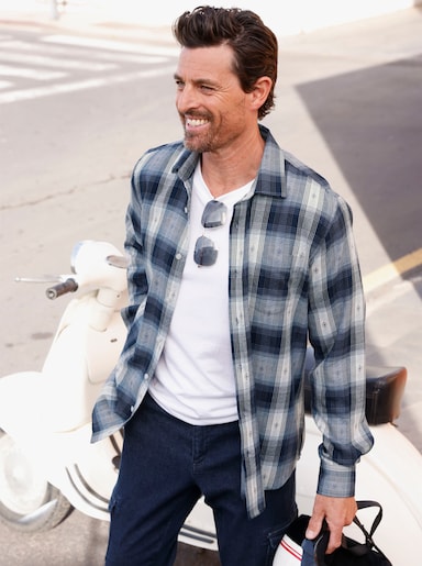 Catamaran Langarmhemd mit Tracht-Elementen - rauchblau-kariert