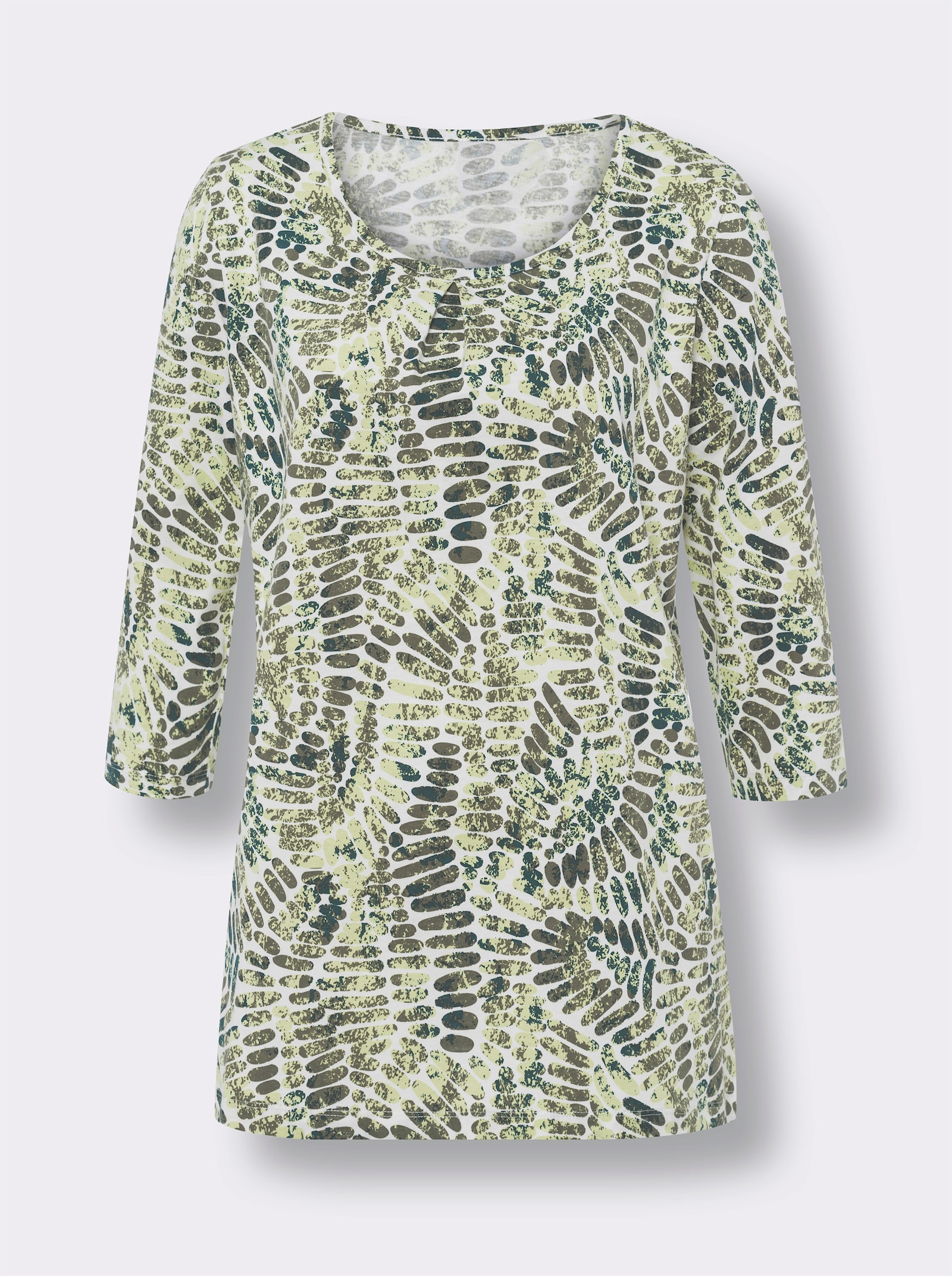 Longshirt mit Kellerfalte vorne - ecru-pistazie-bedruckt
