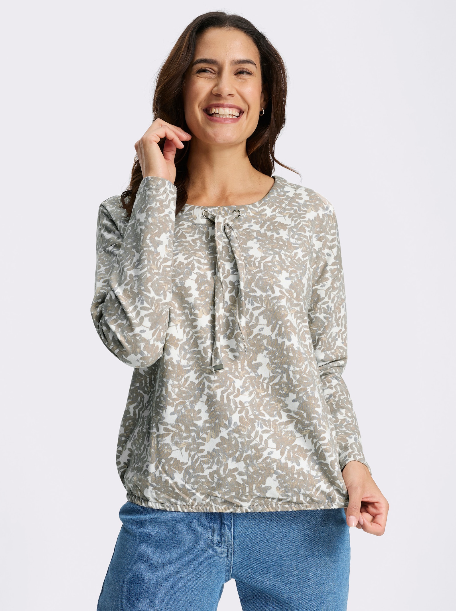 Print-Shirt mit elastischem Saum - sesam-grau-bedruckt