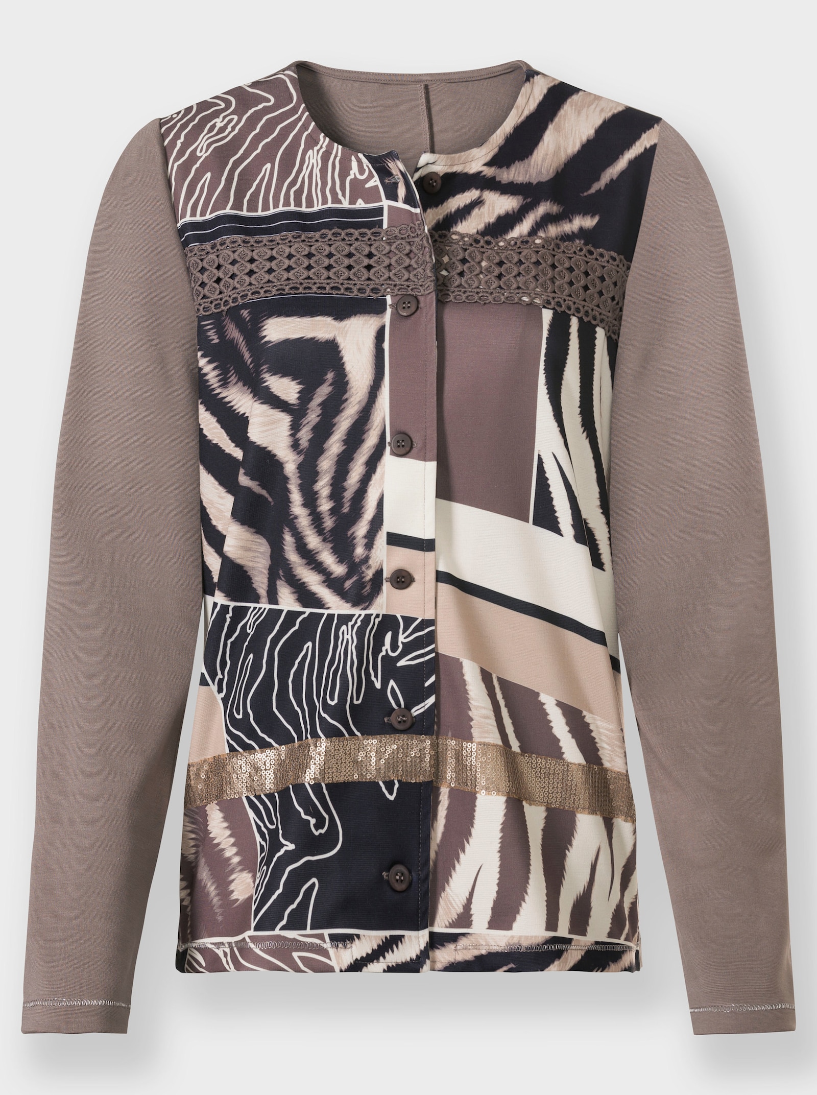 heine Shirtjacke mit Spitze und Pailletten - taupe-schwarz-bedruckt