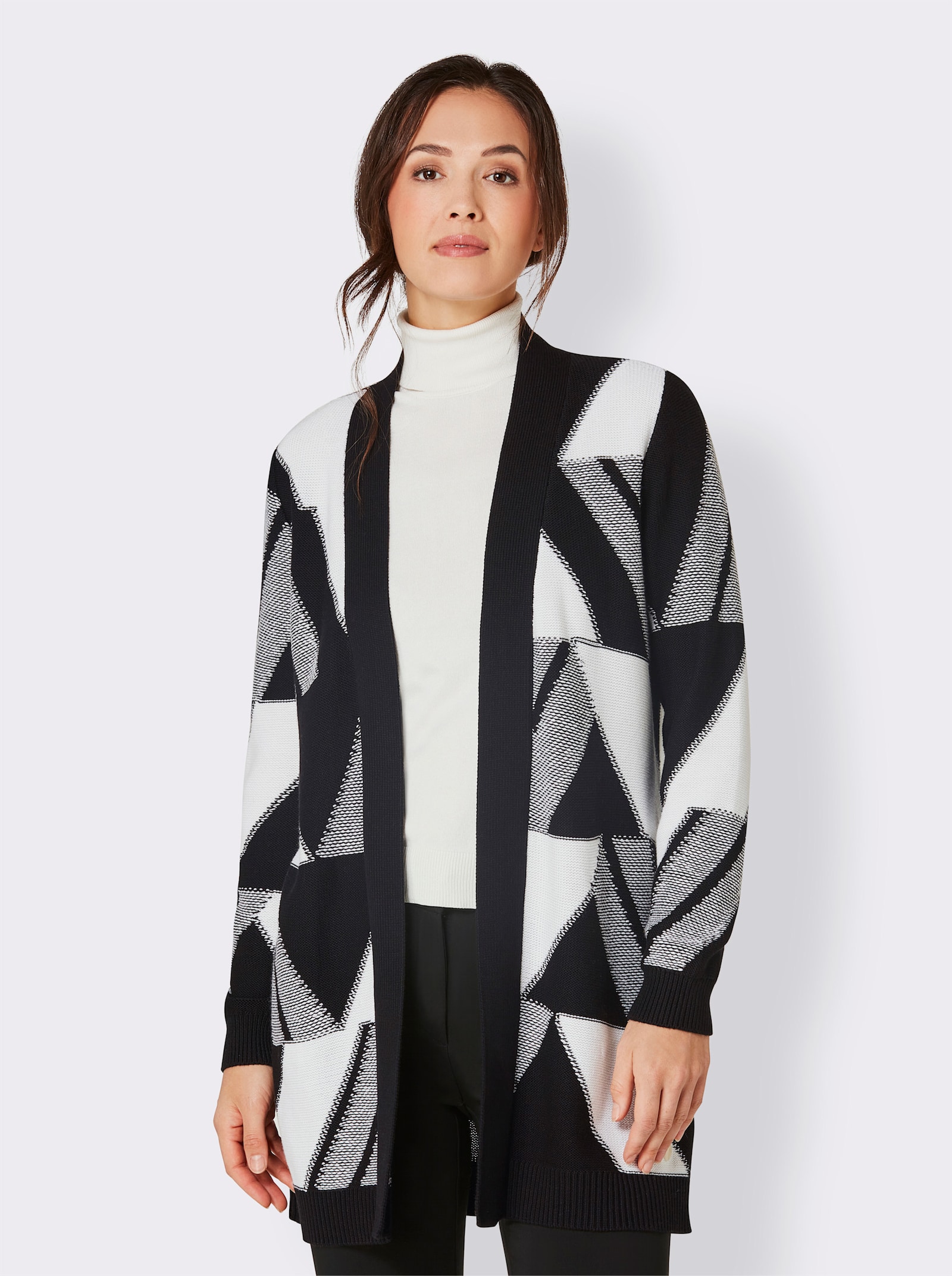 CREATION L PREMIUM Longstrickjacke im grafischen Intarsien-Muster - schwarz-weiß-gemustert
