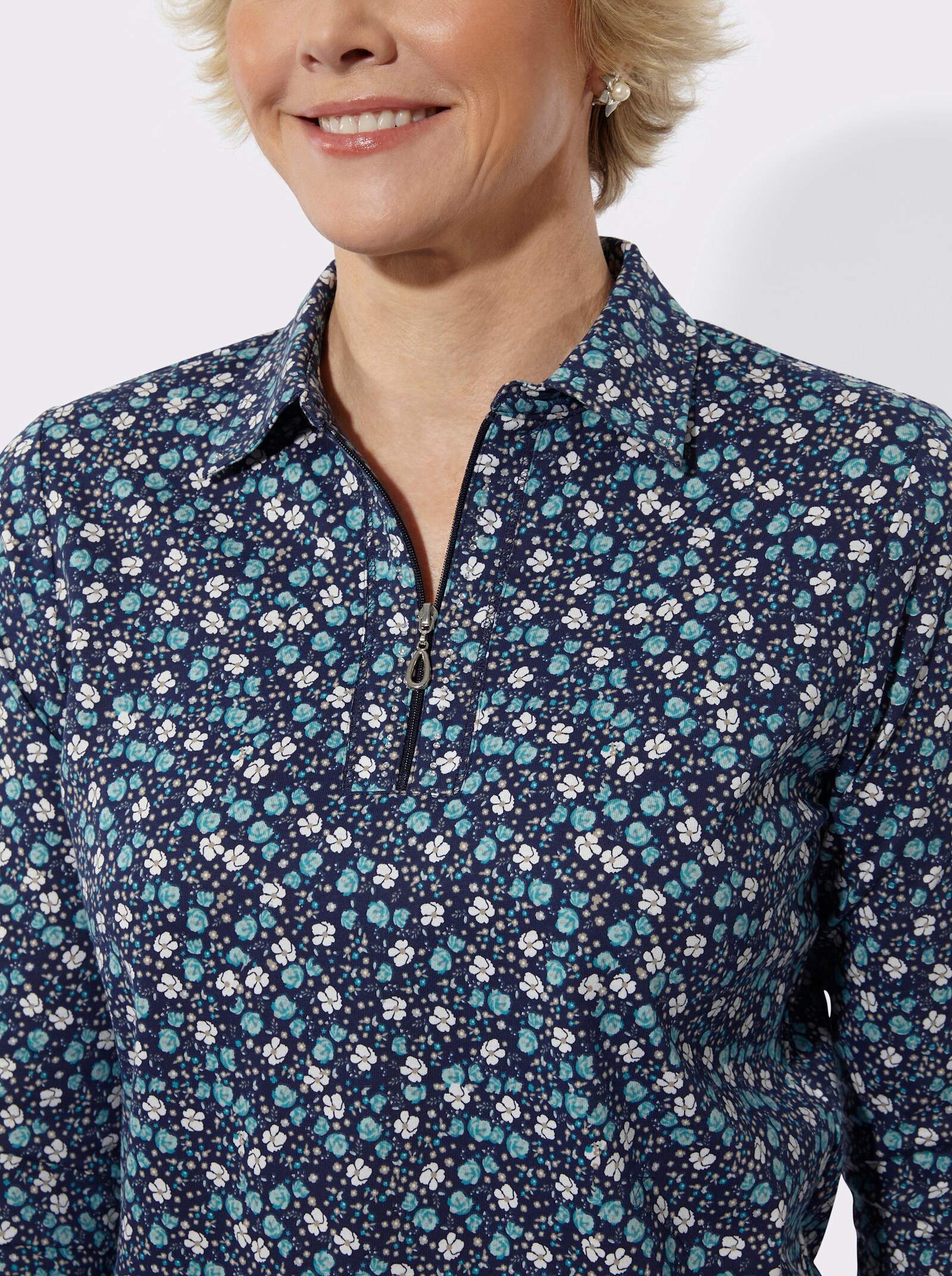 Poloshirt mit Glitzersteinchen - marine-türkis-bedruckt