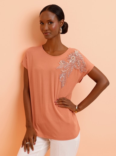 Rundhalsshirt mit Zierperlen und Pailletten - papaya