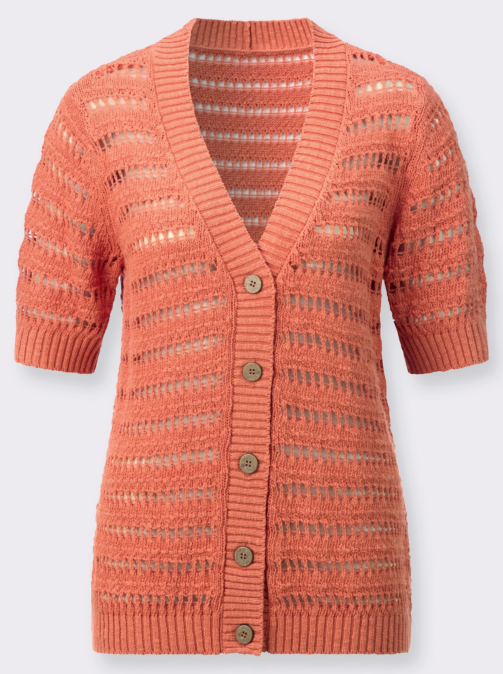 Ajourstrickjacke mit Bouclé Struktur - papaya