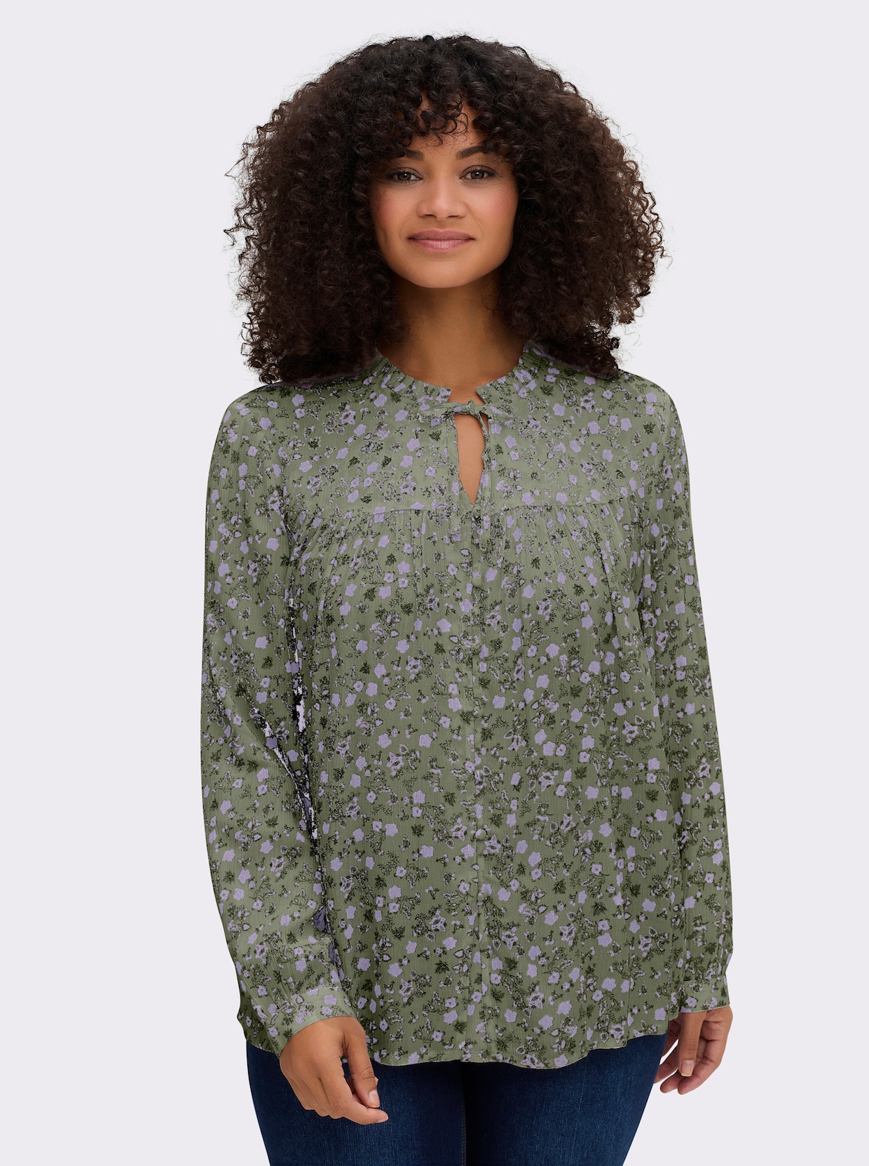 sheego Crêpebluse - khaki-flieder-bedruckt