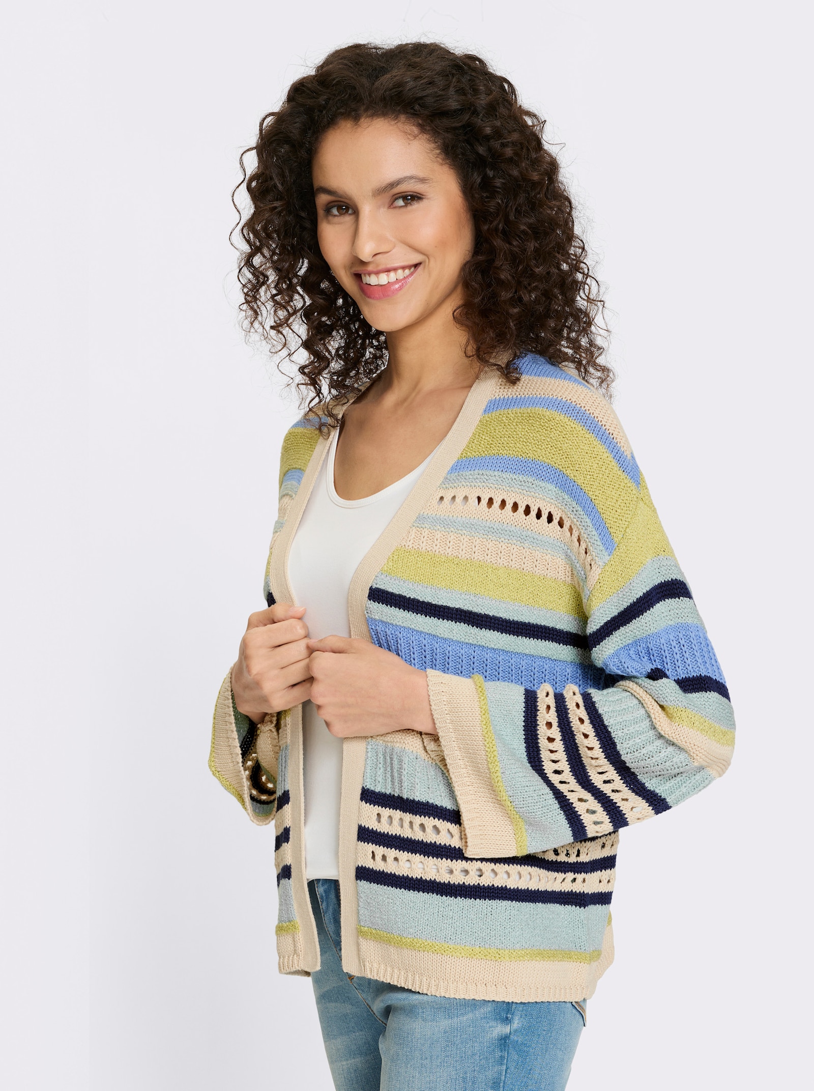 heine Strickjacke mit Ajourmuster - himmelblau-beige-gestreift