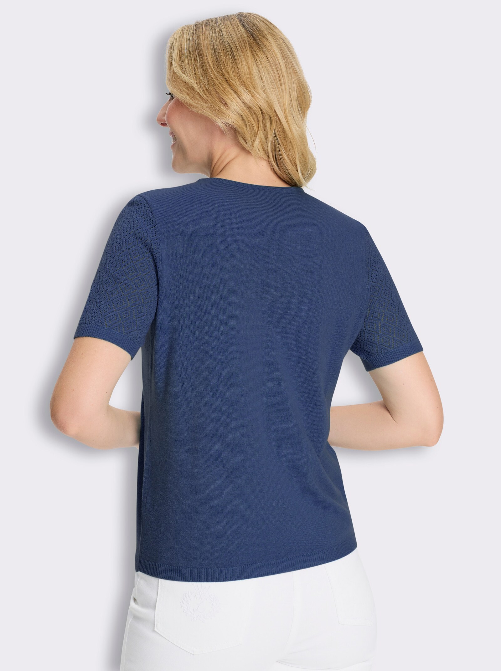 Kurzarmpullover mit Ajourmuster - jeansblau