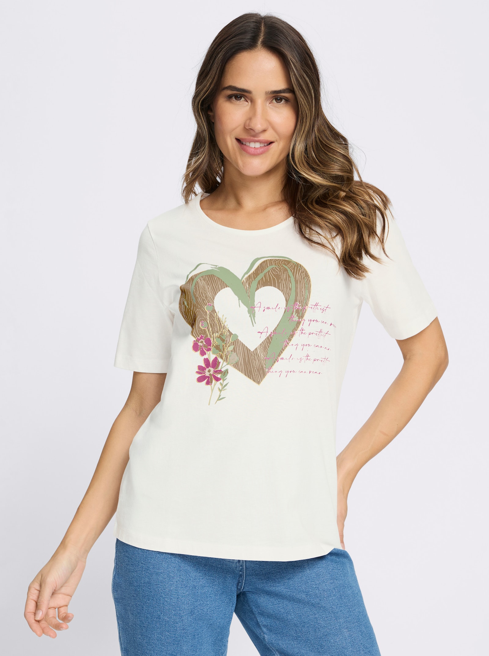 Kurzarmshirt im Trachtenstil - ecru-braun