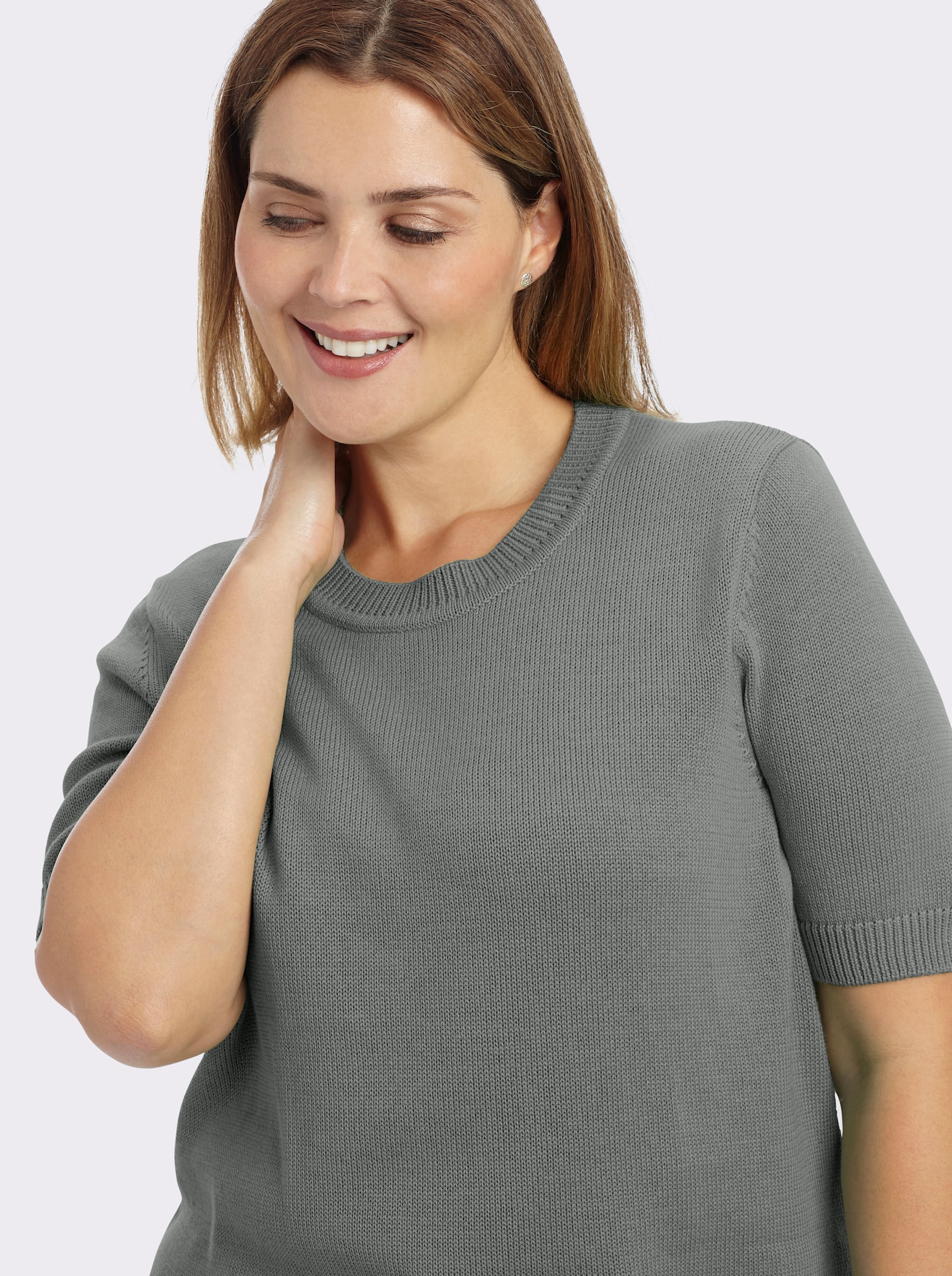 Kurzarmpullover mit Rippabschlüssen - grau-meliert