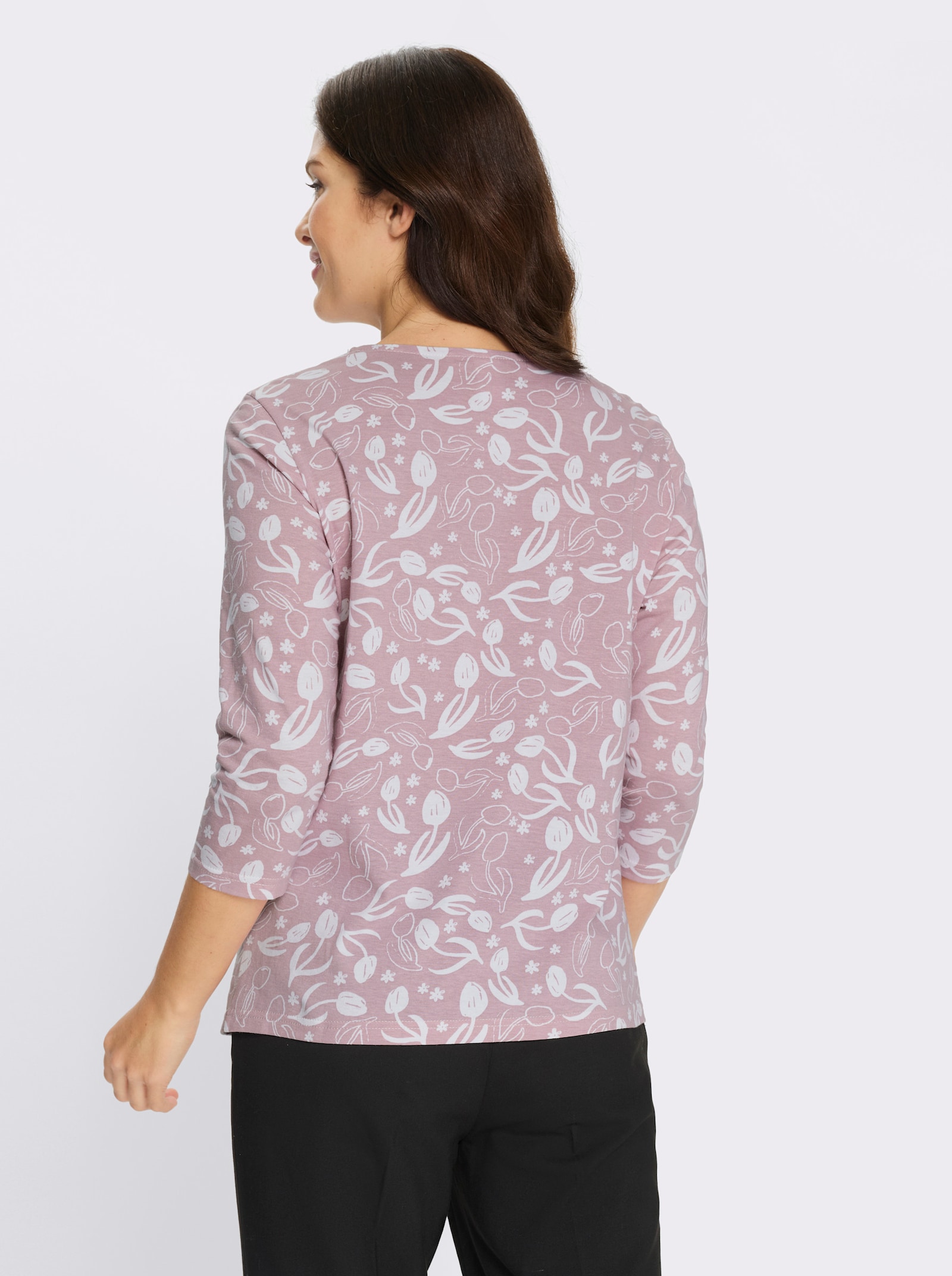 3/4-Arm-Shirt mit floralem Druck, Baumwolle - rosé-weiß-bedruckt