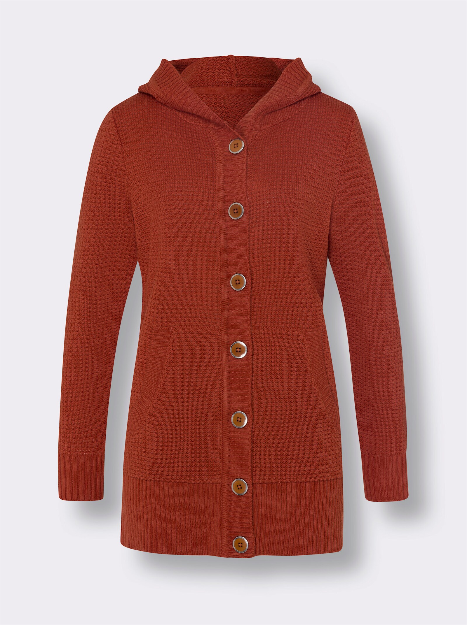 Kapuzenstrickjacke mit Känguru-Taschen - rostrot