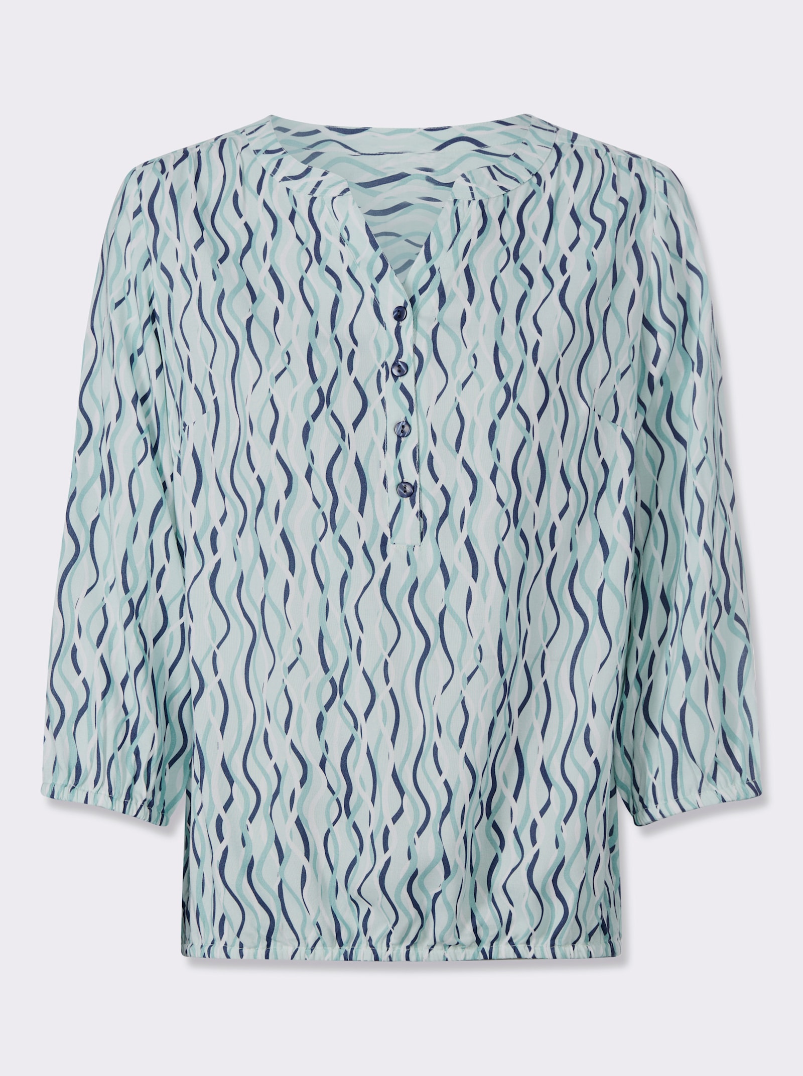 Druckbluse mit Gummizug am Saum - kalkmint-weiß-bedruckt